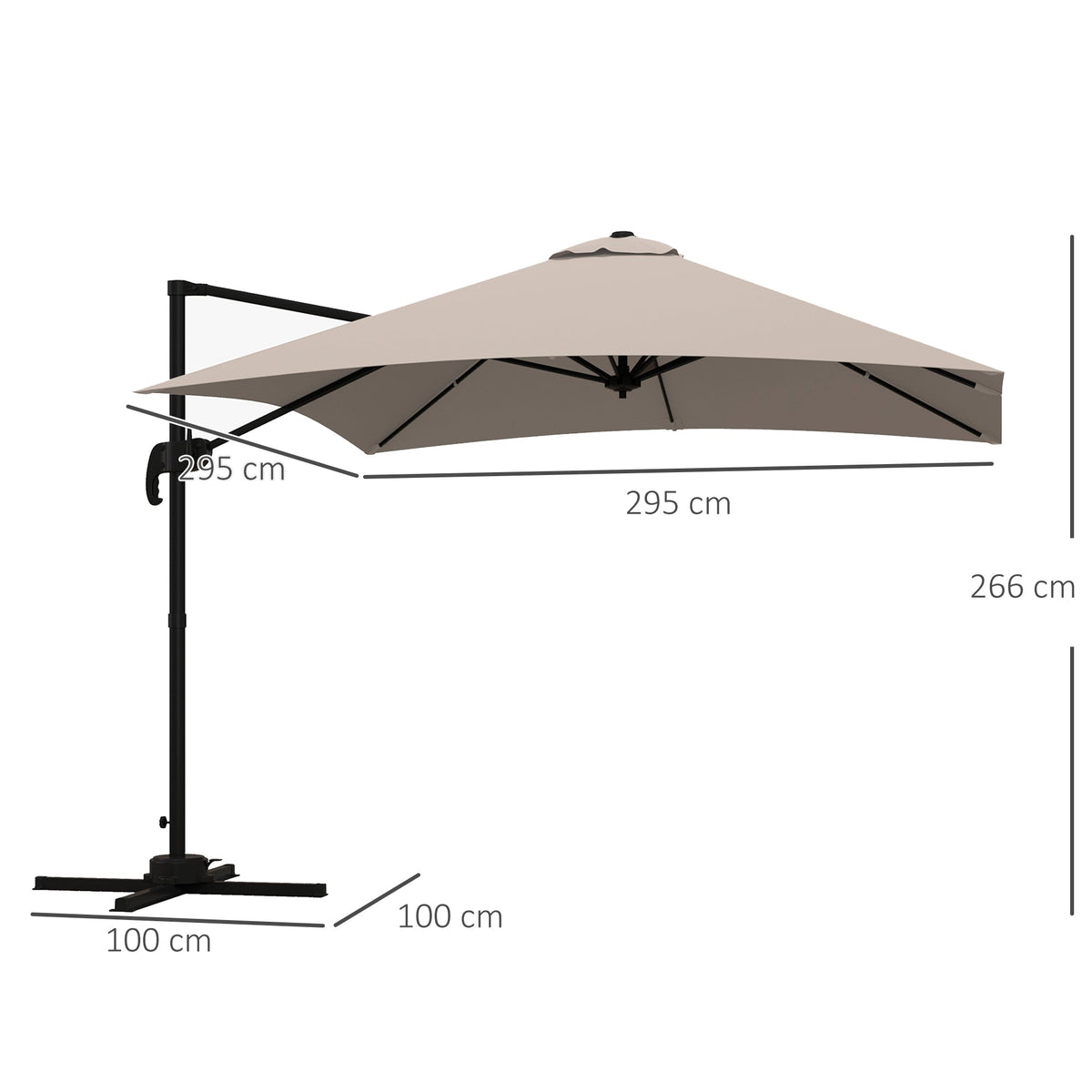 EasyComfort Parasol 3x3 m zijarm met 8 baleinen, pedaal en handwiel, khaki