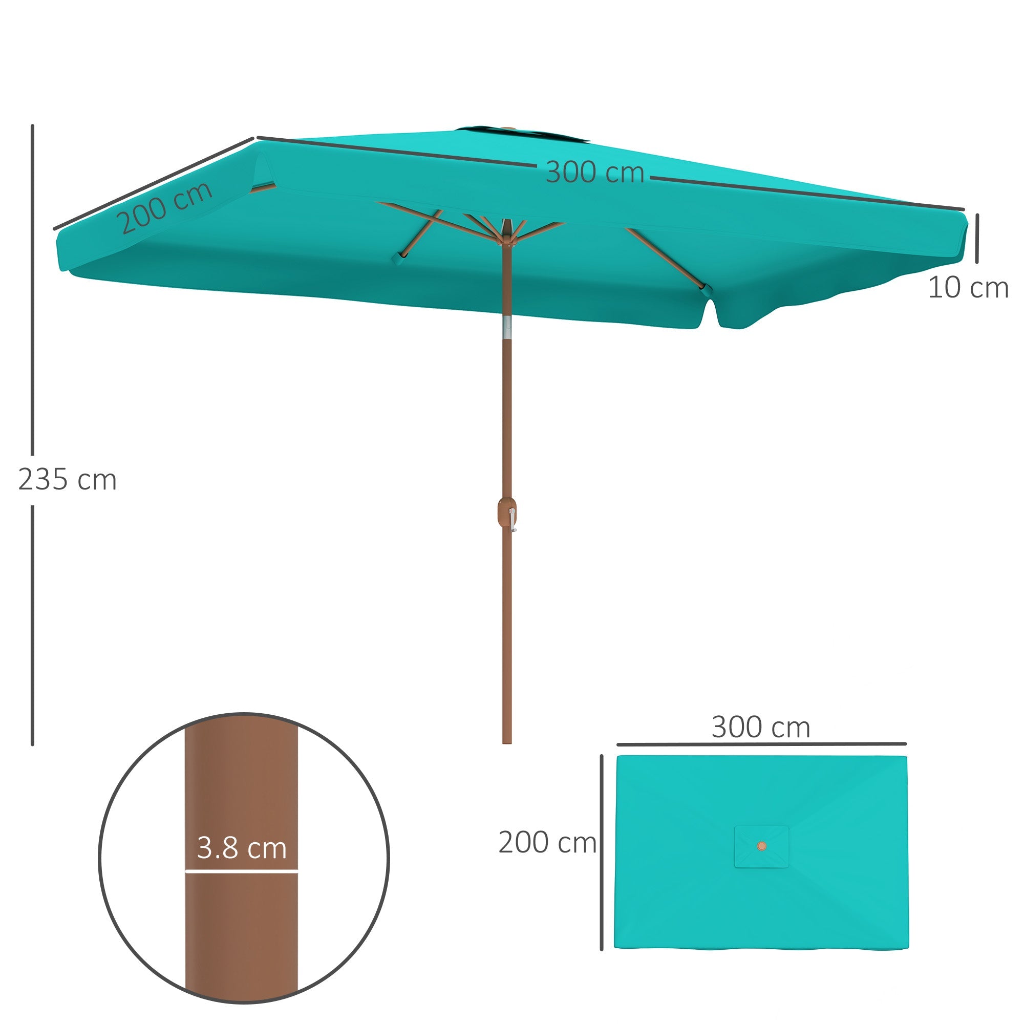 EasyComfort Ombrellone da Giardino 2x3 m with Apertura a Manovella, Inclinabile e Anti UV 50+, Turchese