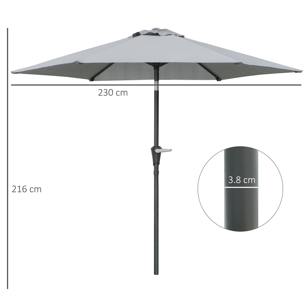 EasyComfort Parasol kantelbaar 2.3x2m met slinger en 6 baleinen, grijs