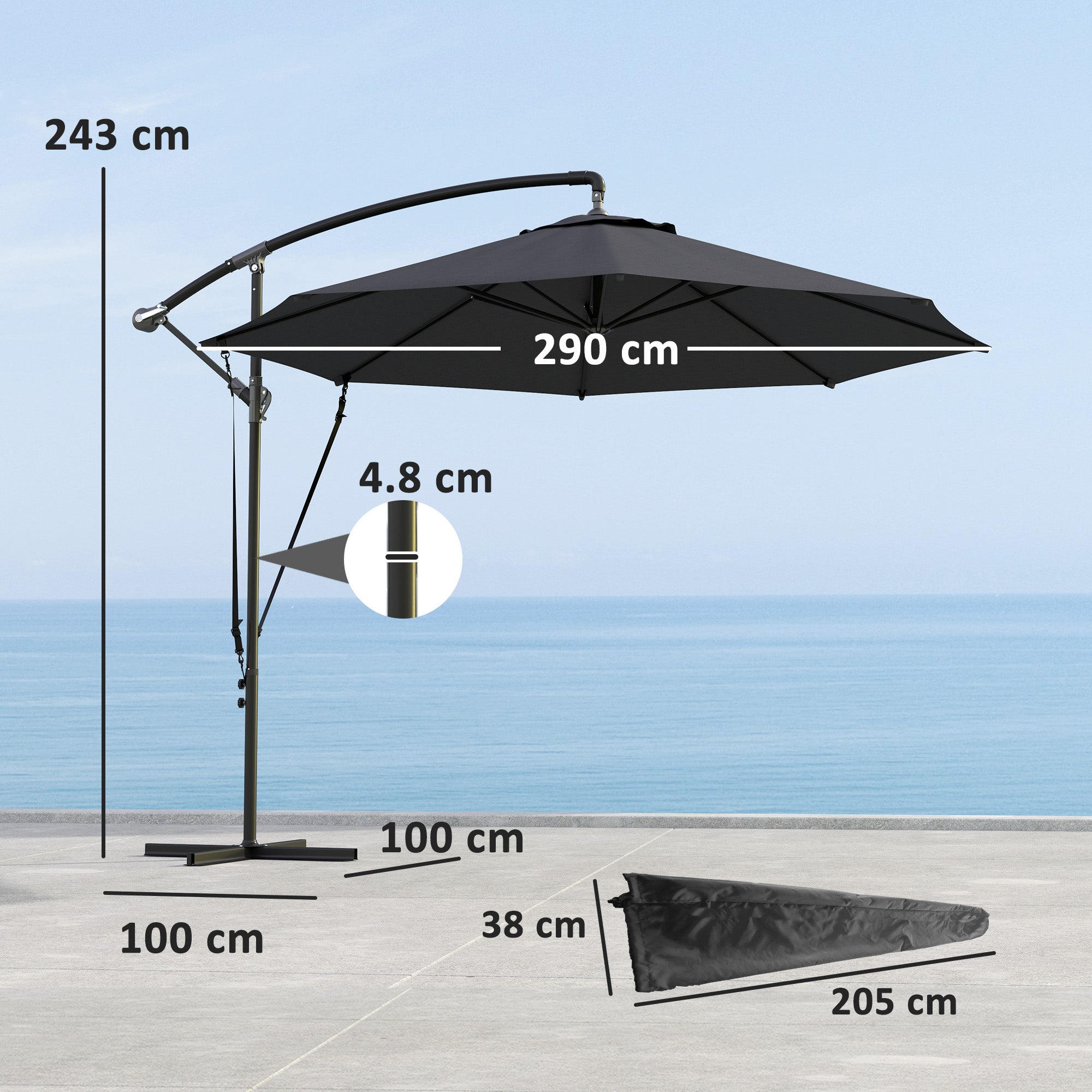 EasyComfort Ombrellone da Giardino Rotondo Inclinabile e Girevole, Manovella e Protezione UPF 50+, Ø3 m, Grigio Scuro
