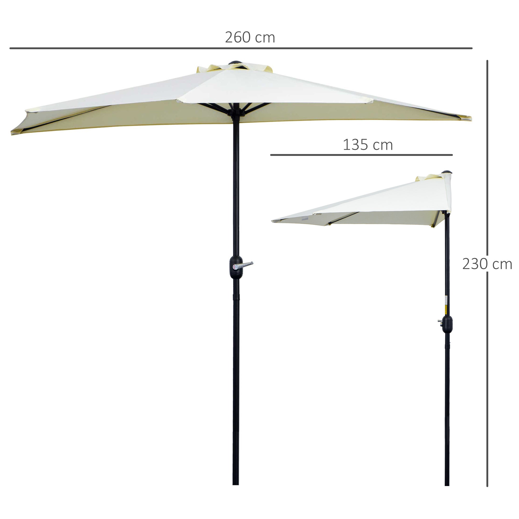 EasyComfort Ombrellone da Terrazza a Mezzaluna with Apertura a Manovella e Palo a 2 Sezioni, 2.6x1.35 m, Beige
