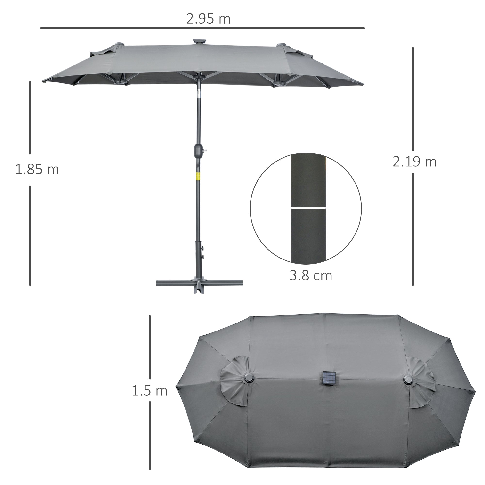 EasyComfort dubbele parasol met zonne-LED's 295x150x219 cm, grijs