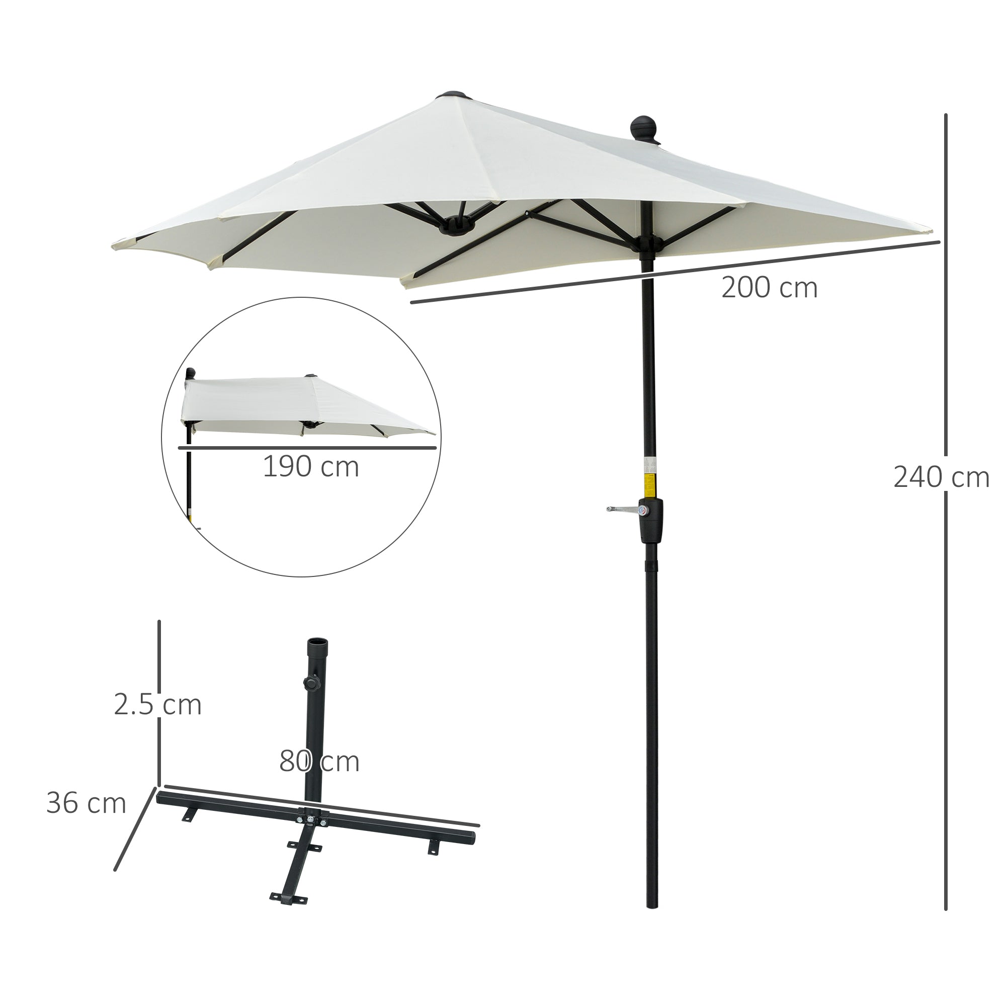 EasyComfort Ombrellone Semicircolare with Manovella e Tettuccio Anti UV, 200x190x240 cm, Crema