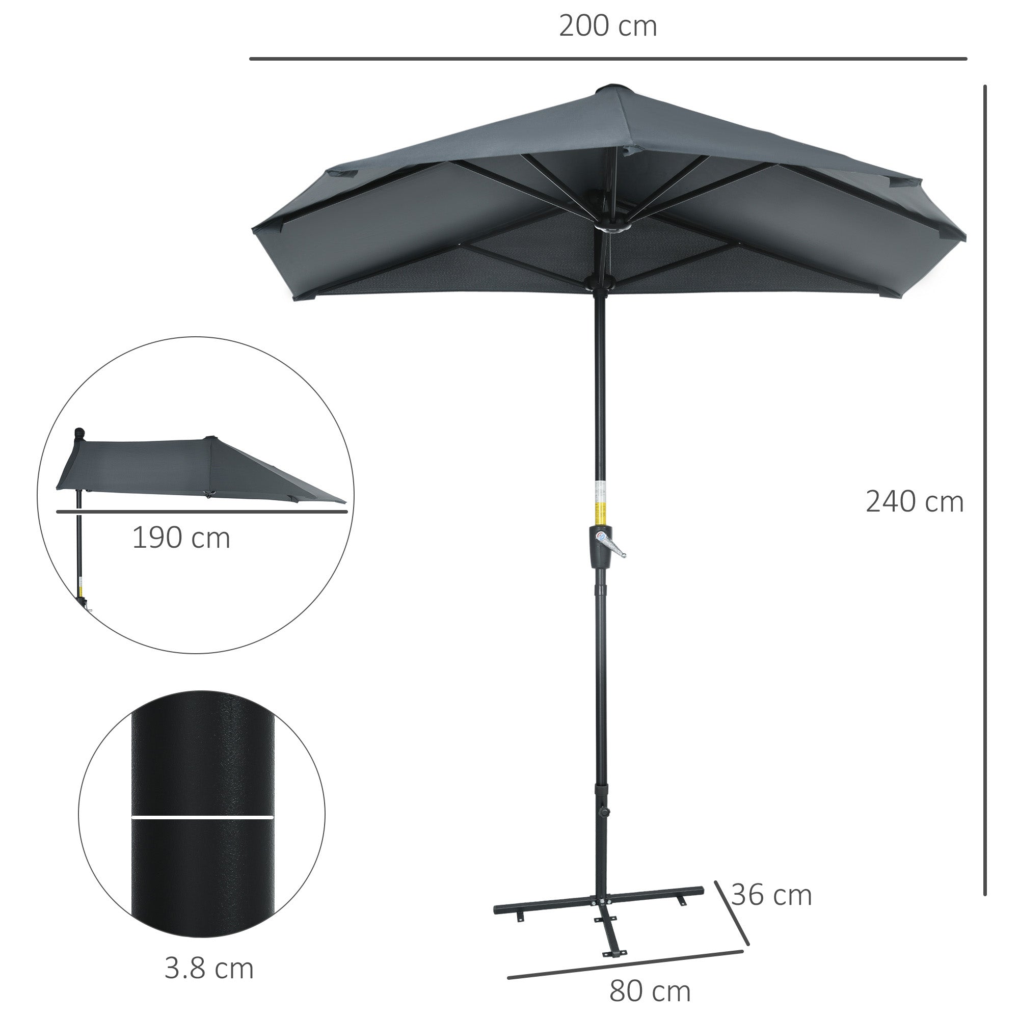 EasyComfort Semicirkelparasol met slinger en UV-kap, 200x190x240 cm