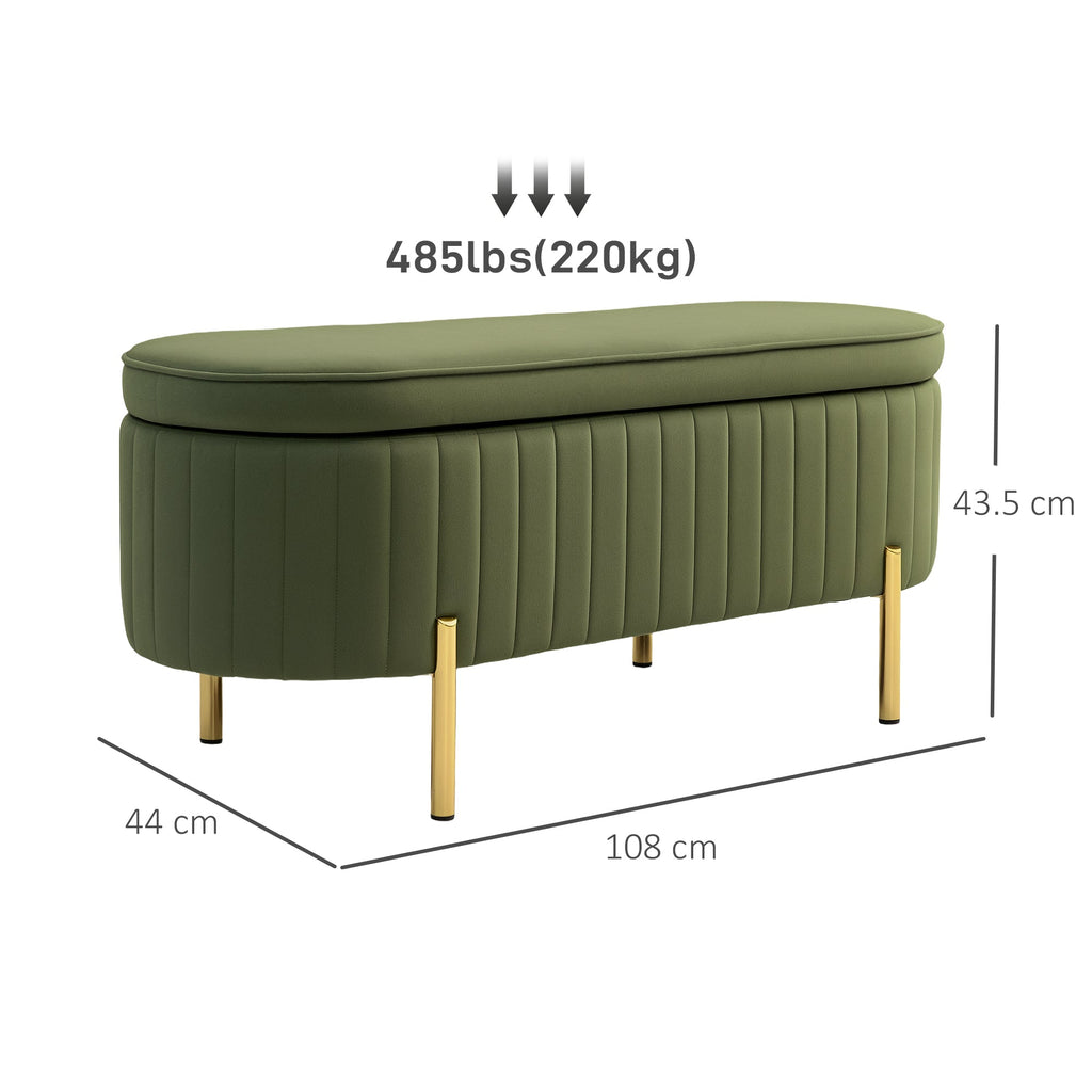 EasyComfort Panca Contenitore Ovale da 72L with Coperchio Sollevabile, in Tessuto Effetto Velluto e Legno, 108x44x43.5 cm, Verde