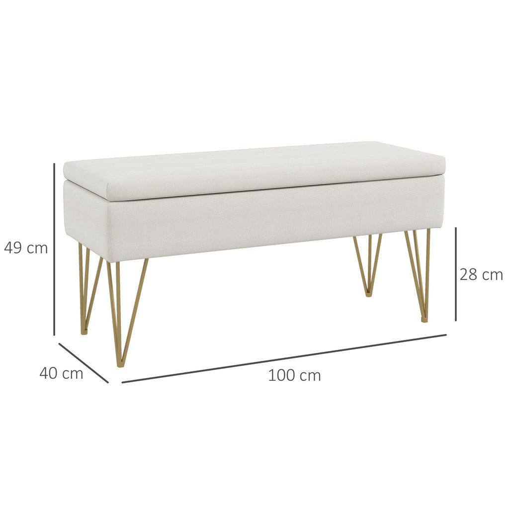 EasyComfort Panca Fondo Letto with Contenitore in Tessuto e Gambe in Acciaio, 100x40x49cm, Crema