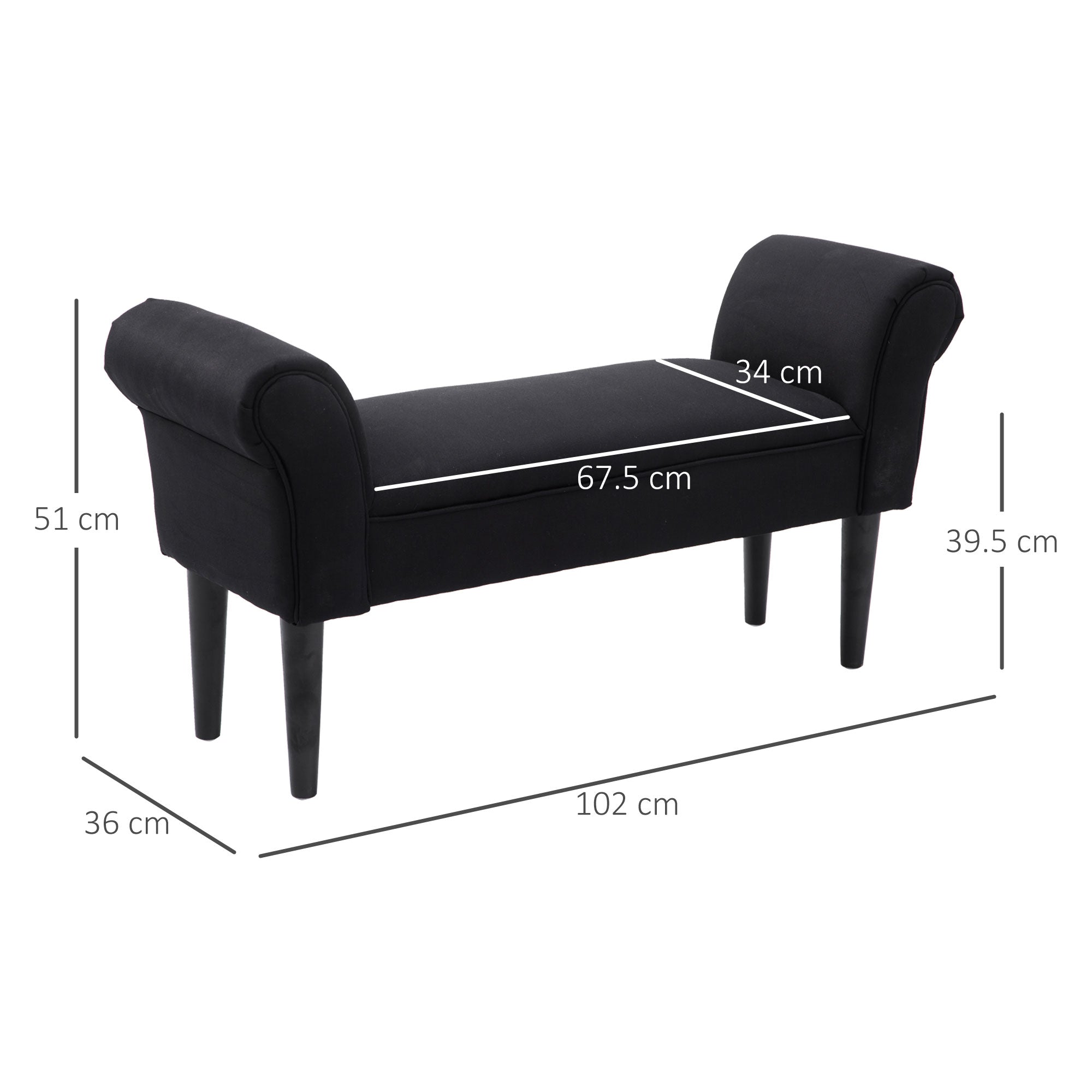 EasyComfort Panca Fondo Letto Imbottita with Braccioli Arrotolati, 102x35x51cm, black