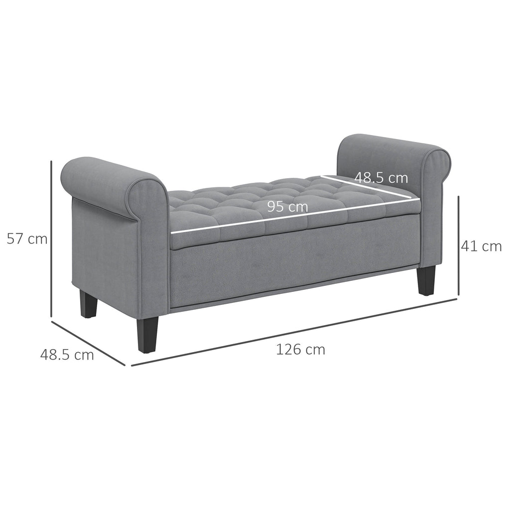 Easycomfort Panca Fondo Letto in Tessuto Vellutato with Spazio Portaoggetti e Braccioli, 126x48.5x57 cm, Grigio