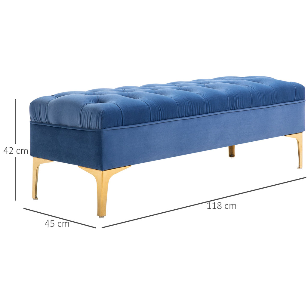 Easycomfort Panca Imbottita Fondoletto in Tessuto Vellutato e Base in Metallo Dorato, 118x45x42 cm, Blu