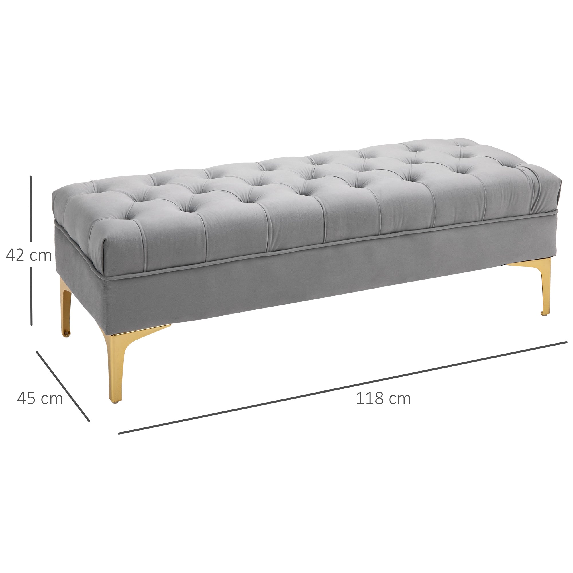 Easycomfort Panca Imbottita Fondoletto in Tessuto Vellutato e Base in Metallo Dorato, 118x45x42cm, Grigio