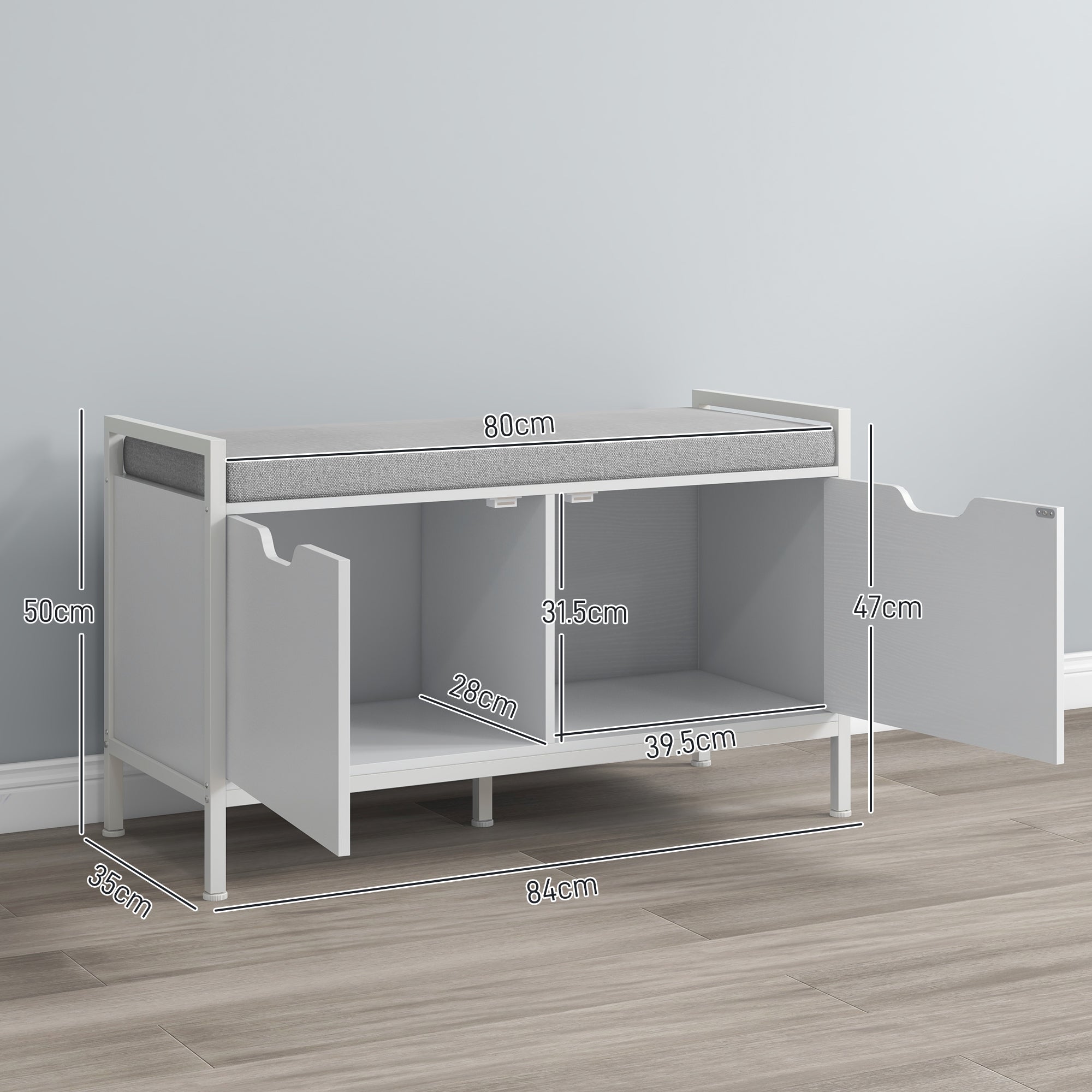 EasyComfort Panca Scarpiera a 2 Armadietti with Cuscino, in Tessuto Effetto Lino, Legno e Acciaio, 84x35x50 cm, white