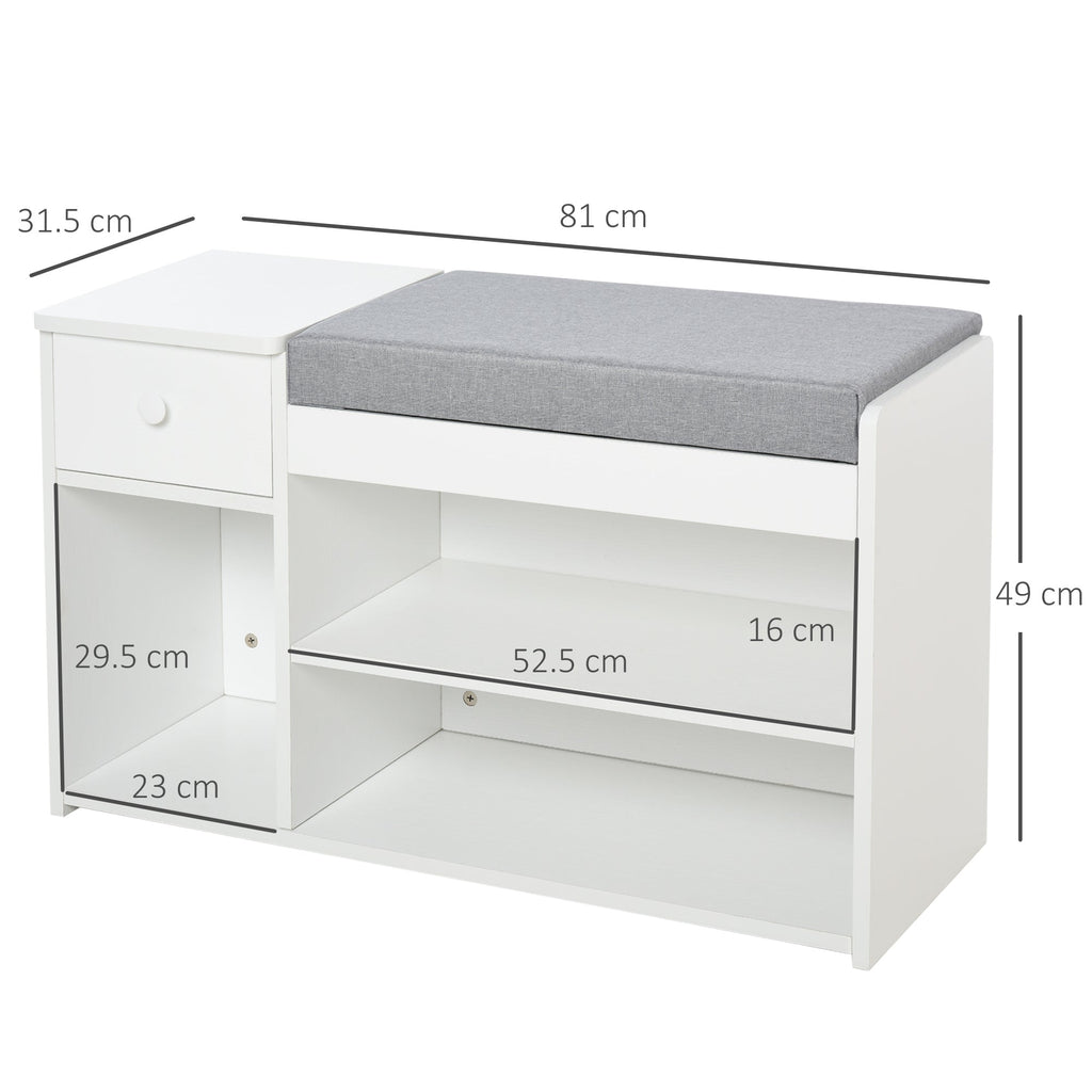 Easycomfort Panca Scarpiera with Cuscino, Cassetto e 3 Vani Aperti in Legno, 81x31.5x49cm, white