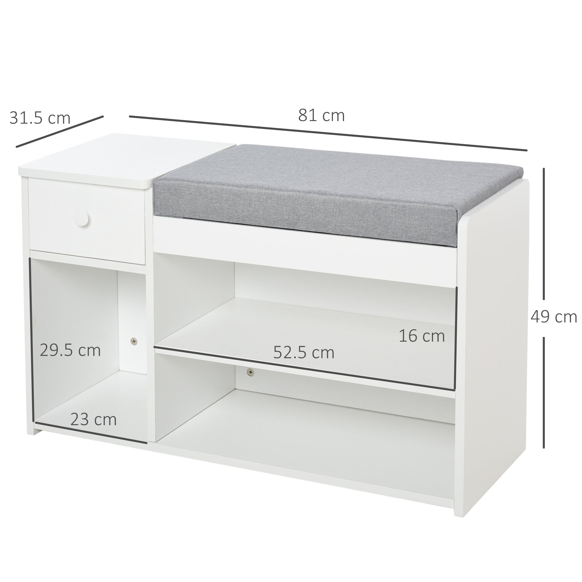 Easycomfort Panca Scarpiera with Cuscino, Cassetto e 3 Vani Aperti in Legno, 81x31.5x49cm, white