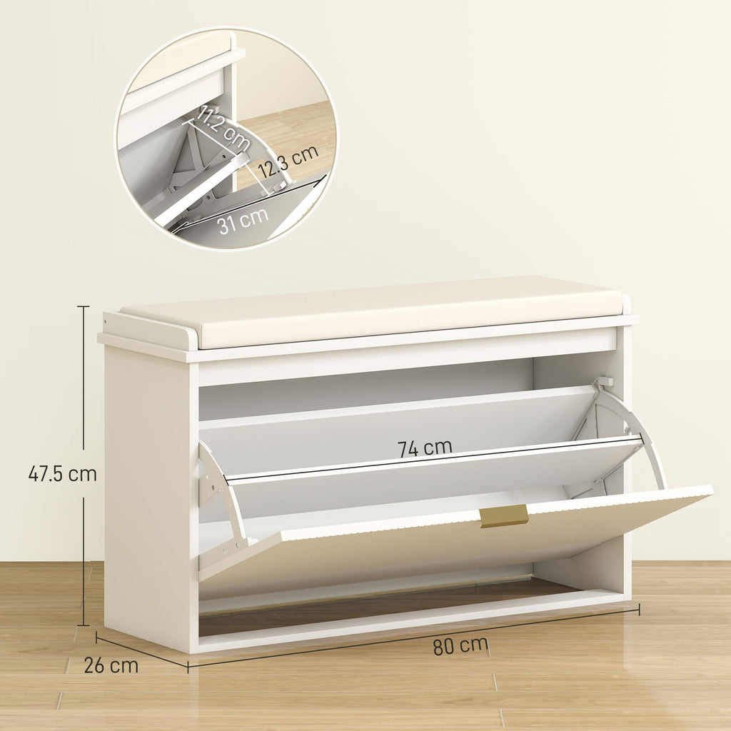 EasyComfort Panca Scarpiera with Ripiano Interno, in Legno e Tessuto Effetto Lino, 80x26x47.5 cm, Bianca e Beige