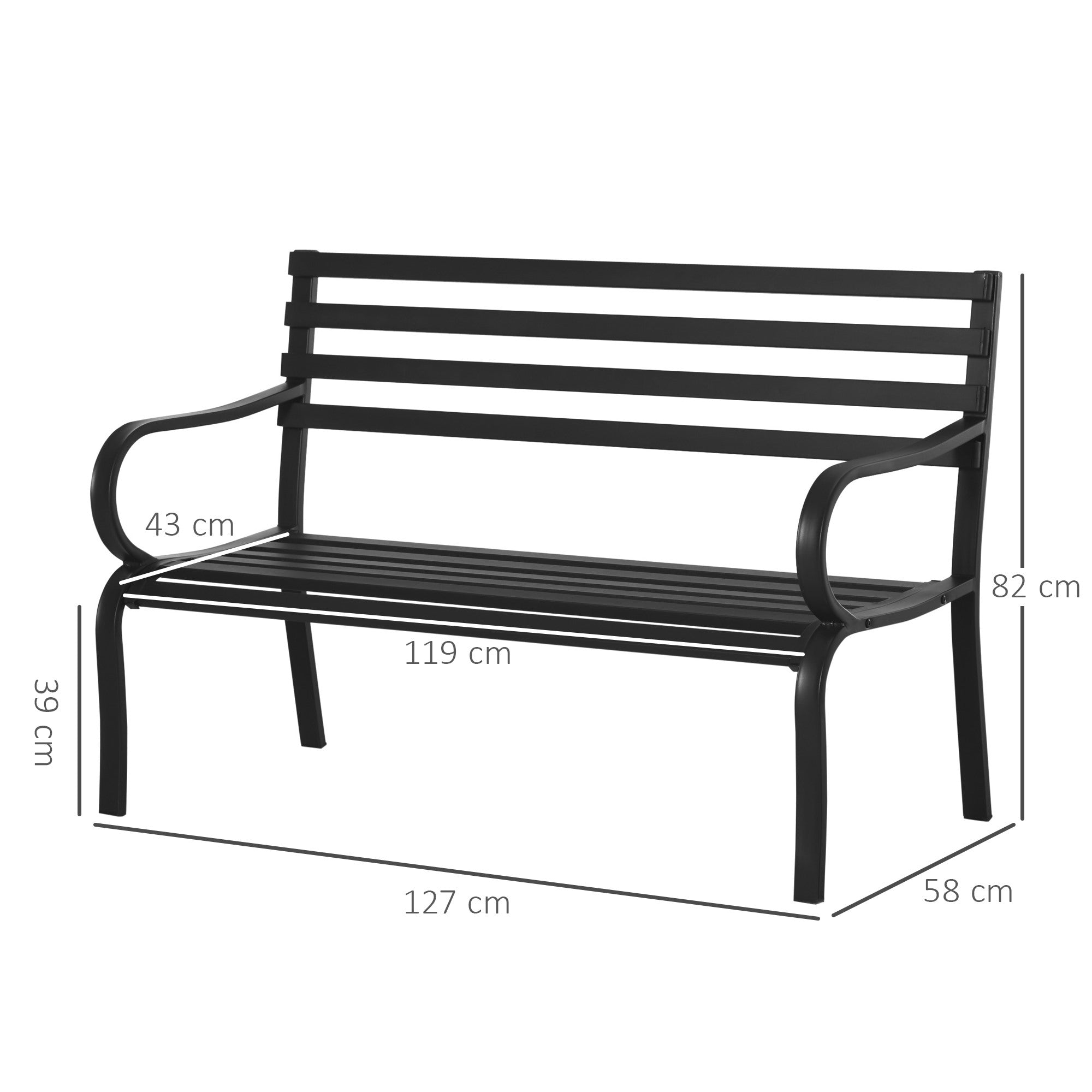 Easycomfort Panchina da Esterno in Metallo Impermeabile black, Panca da Giardino a due Posti, 127 x 62 x 82cm - Max 240kg