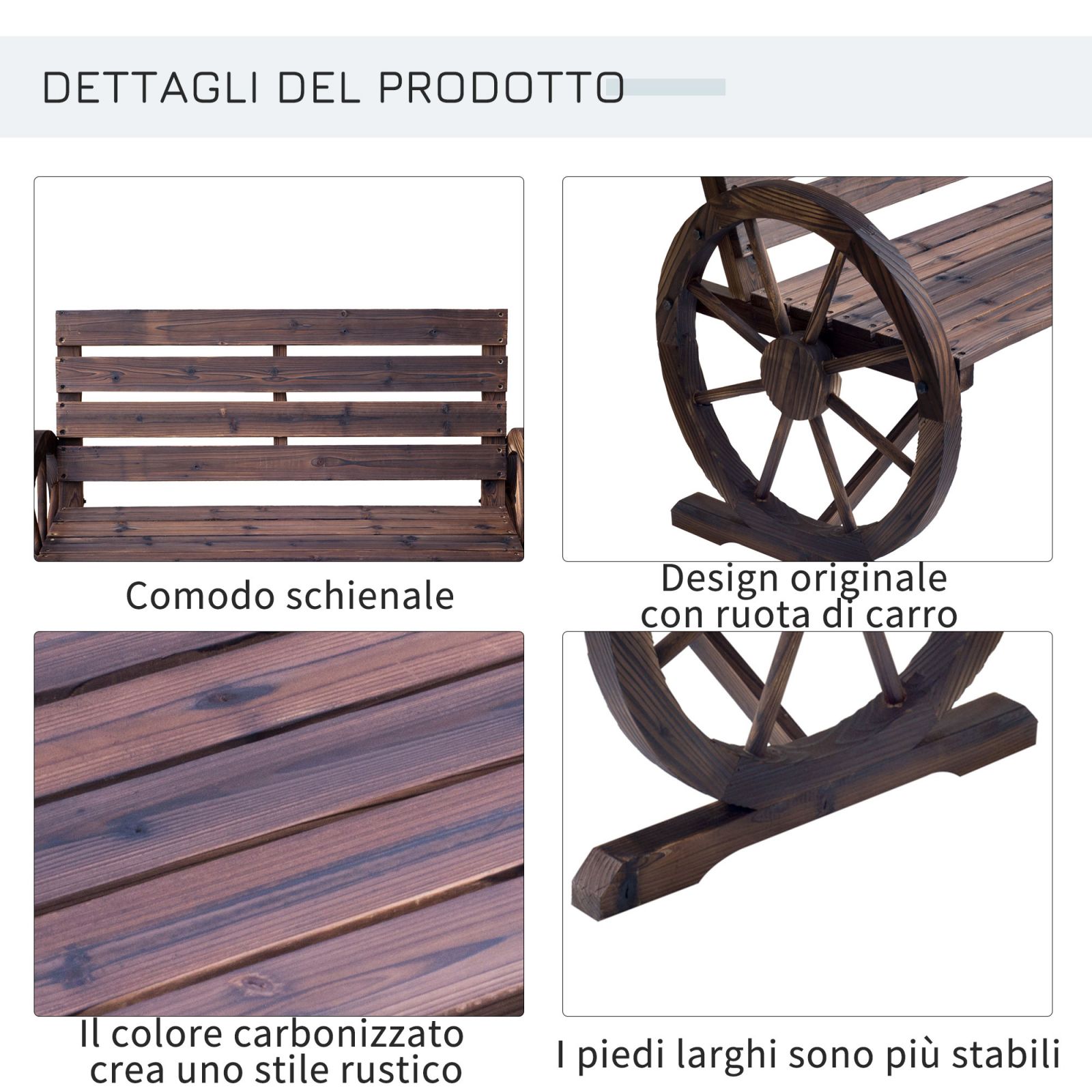 EASYCOMFORT Country Style Garden Bench for 2 People with Wheel Armrests in Brown Wood