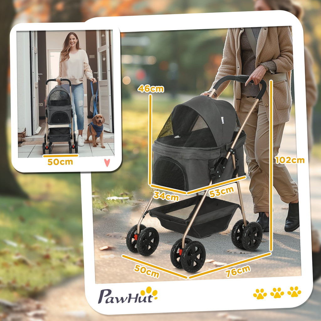 EasyComfort Passeggino per Cani 3 in 1 Pieghevole con Borsa Trasportino e Cestino Inferiore, Grigio