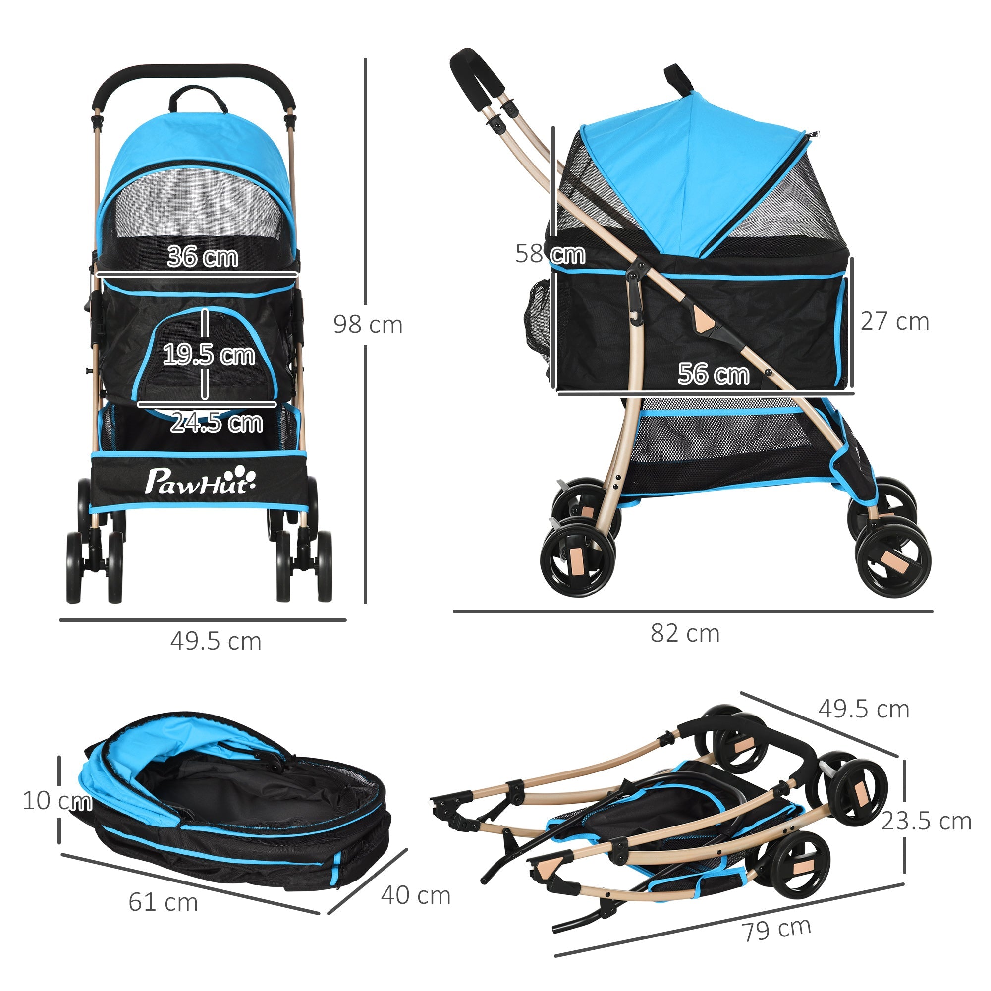 EasyComfort Passeggino per Cani Convertibile con 2 Guinzagli e Cuscino, in Acciaio e Poliestere, 82x49.5x98 cm, Azzurro e Nero