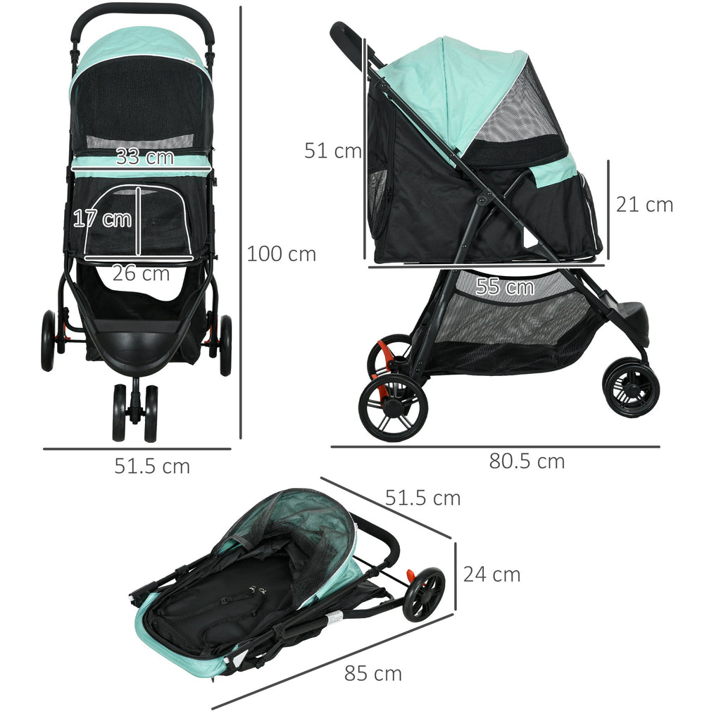 EasyComfort Passeggino per Cani Piccoli Pieghevole a 3 Ruote con Copertura Antipioggia e Cestino, Verde
