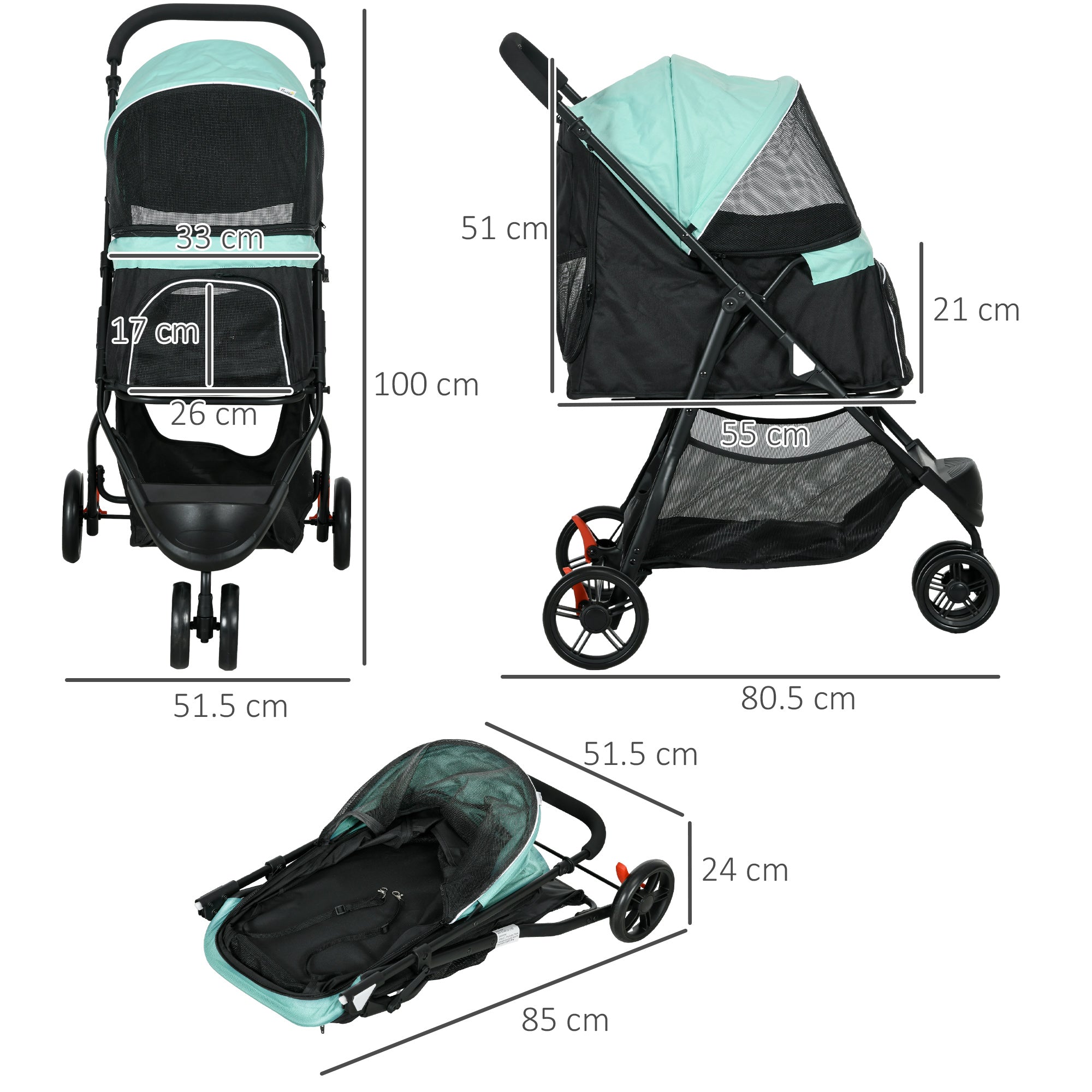 EasyComfort Passeggino per Cani Piccoli Pieghevole a 3 Ruote con Copertura Antipioggia e Cestino, Verde