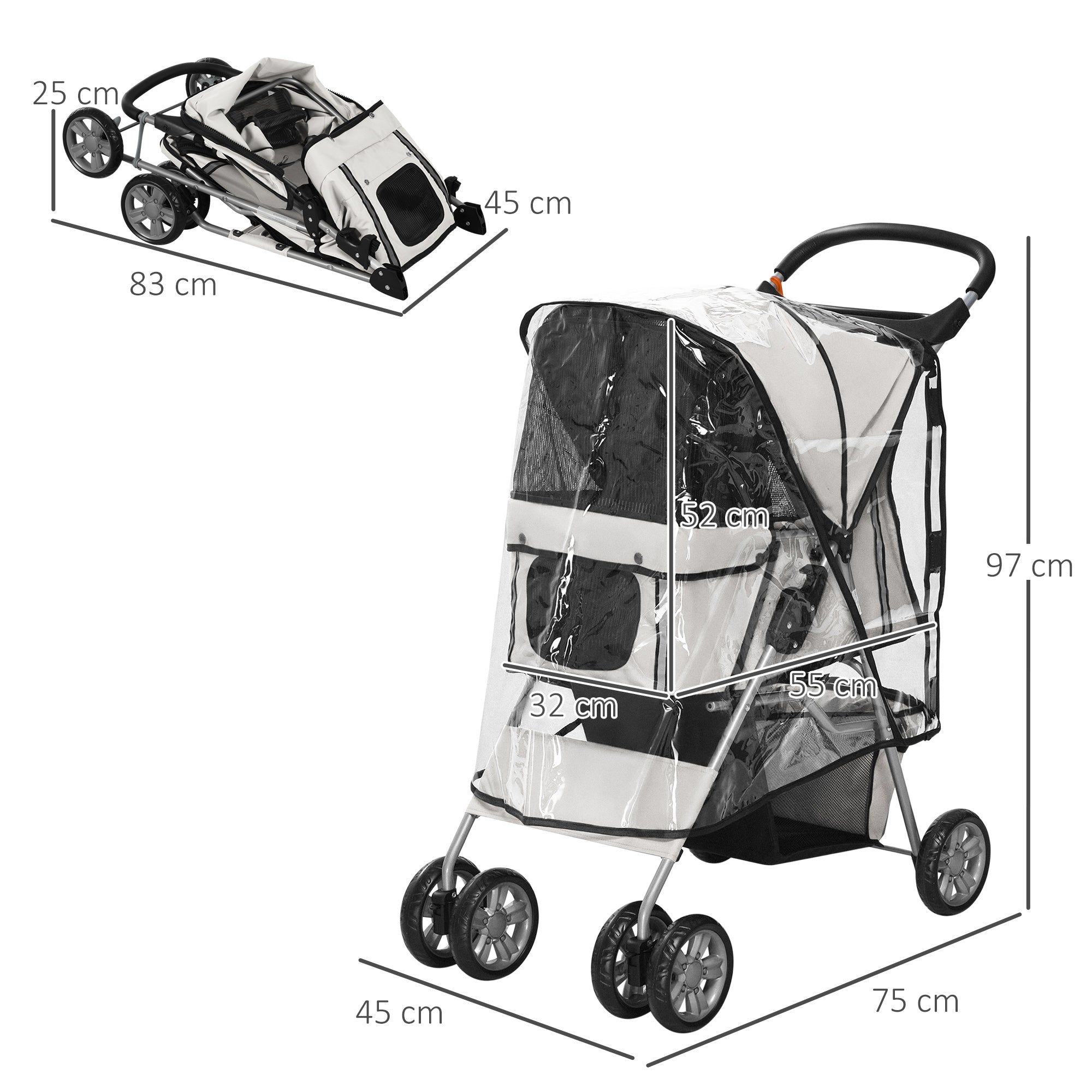 EasyComfort Passeggino per Cani Piccoli Pieghevole con Copertura Antipioggia, Ruote Girevoli e con Freni, Grigio