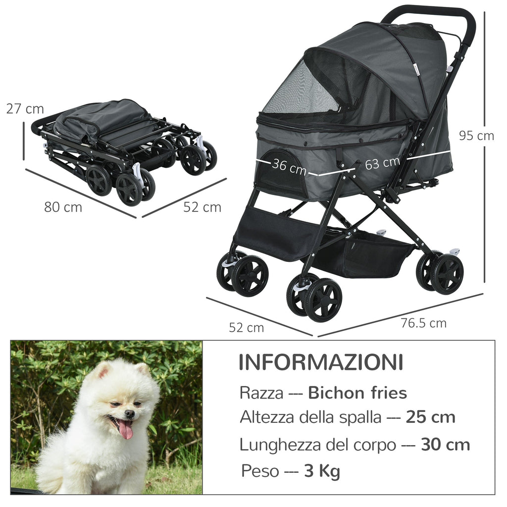 EASYCOMFORT Foldable Stroller for Small Dogs with Swivel Handle and Storage Basket, 76.5x52x95 cm, Gray