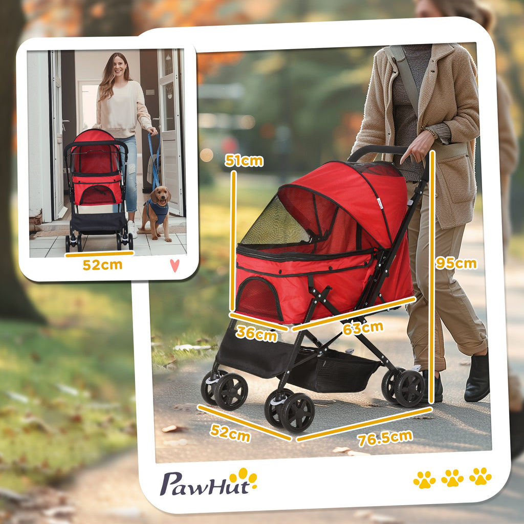 EasyComfort Passeggino per Cani Piccoli Pieghevole con Maniglione Girevole e Ruote con Freni, 76.5x52x95cm, Rosso