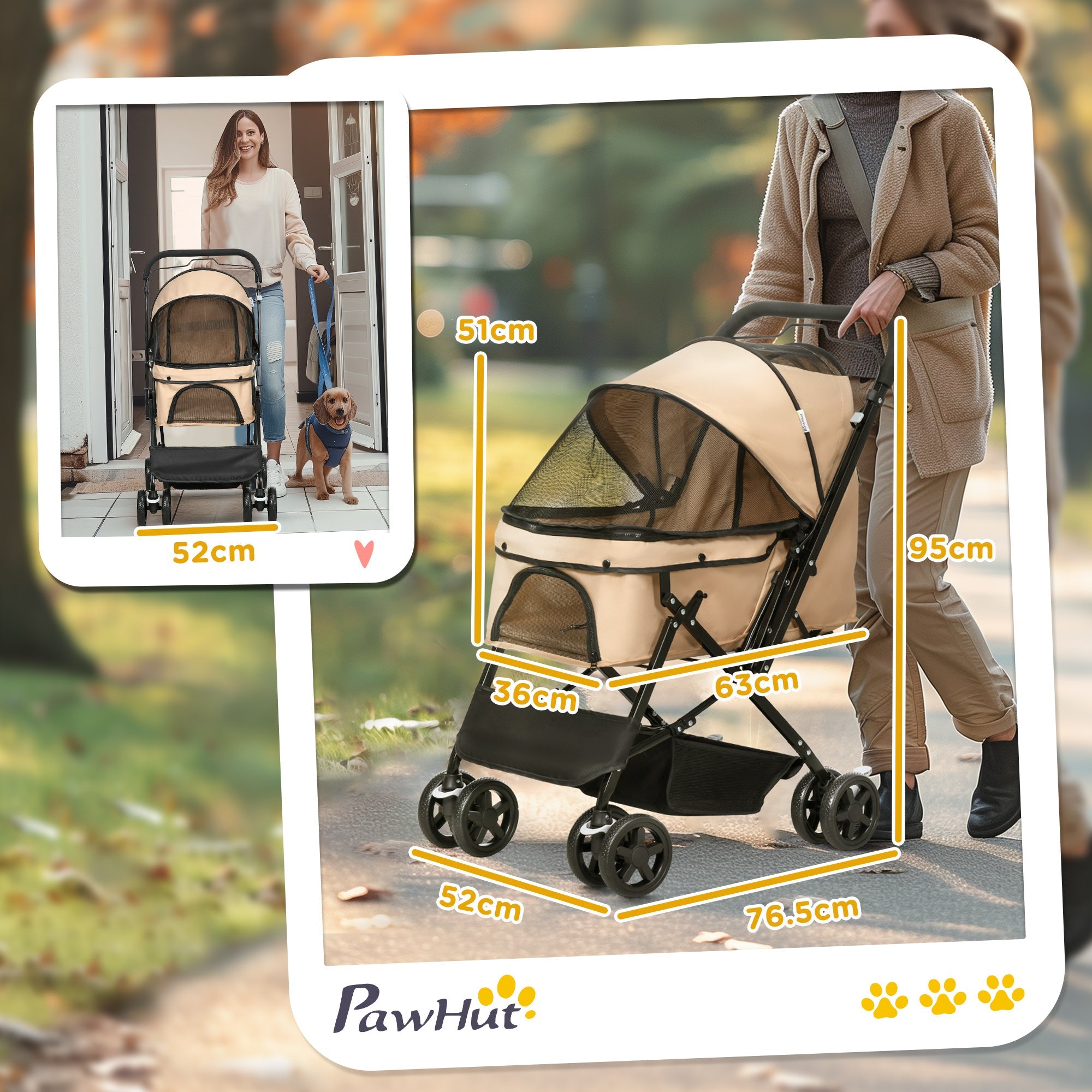 EasyComfort Passeggino per Cani Piccoli Pieghevole with Maniglione Girevole, Ruote with Freni e Cestino, Marrone