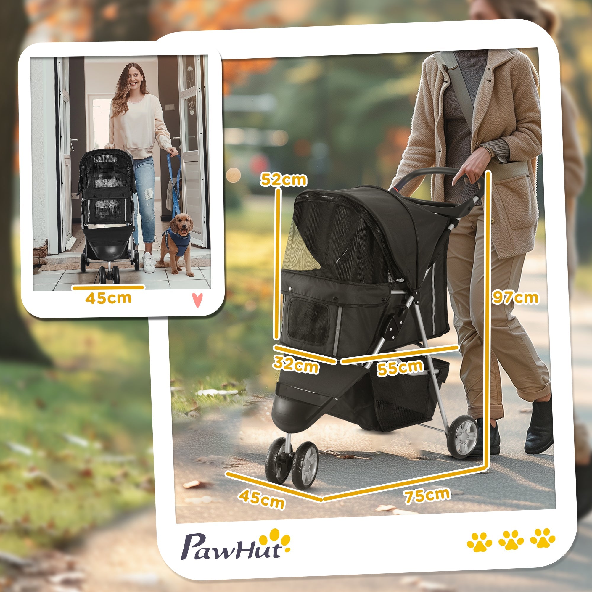EasyComfort Passeggino per Cani Piccoli Pieghevole with Ruote Girevoli e Freno, 75x45x97 cm, black