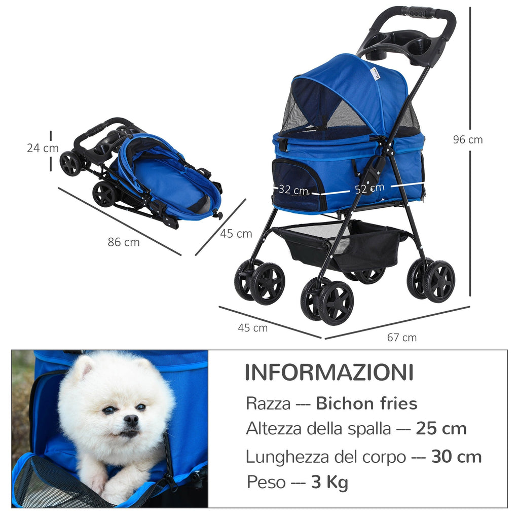 EASYCOMFORT Vouwbare hondenbuggy met veiligheidsriem en opbergmand, blauw