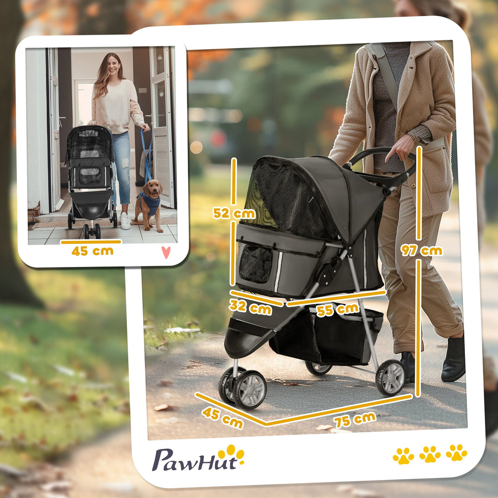 EasyComfort Passeggino per Cani Pieghevole con Portabicchieri e Cestino, in Acciaio e Poliestere, 75x45x97 cm, Grigio Carbone