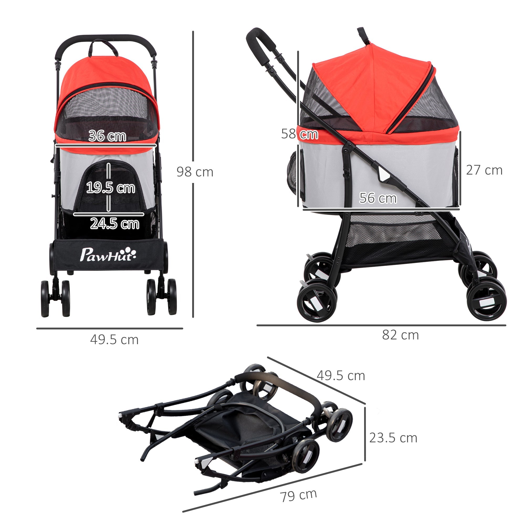 EASYCOMFORT Foldable Dog Stroller with Removable Carrier and Canopy, 82x49.5x98cm, Red