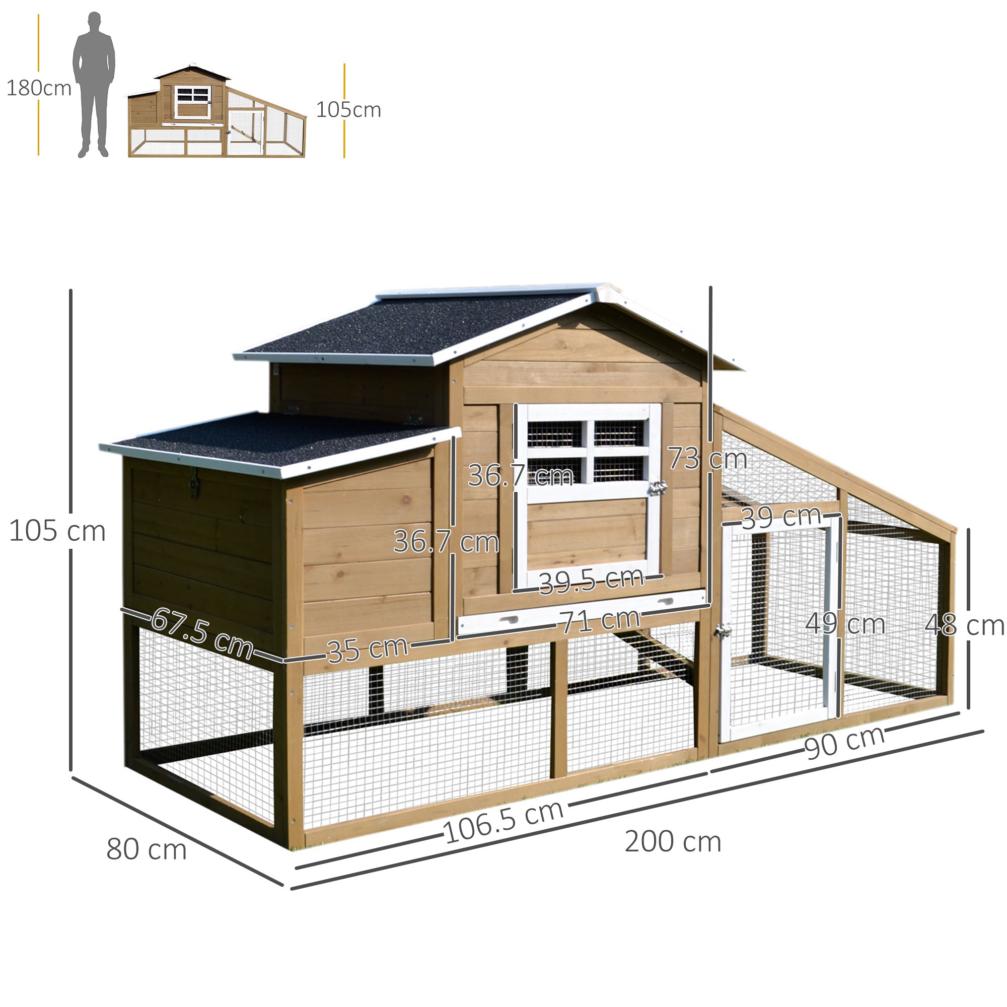 EASYCOMFORT Outdoor Chicken Coop for Laying Hens with Running Area, Nesting Area and Removable Wooden Garden Tray, 200x80x105 cm