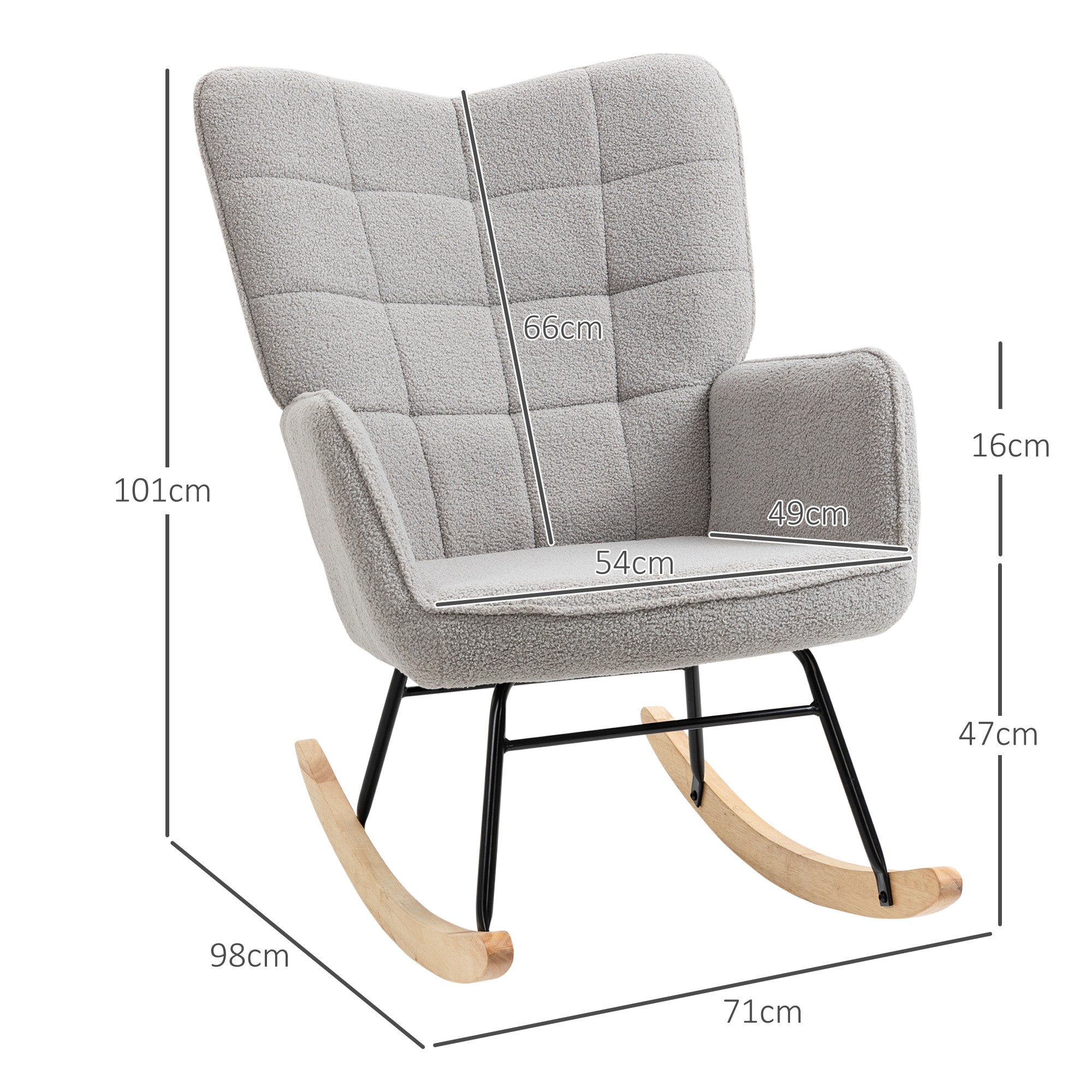 EasyComfort Poltrona a Dondolo Imbottita in Legno e Acciaio with Rivestimento Bouclé, 71x98x101 cm, Grigio
