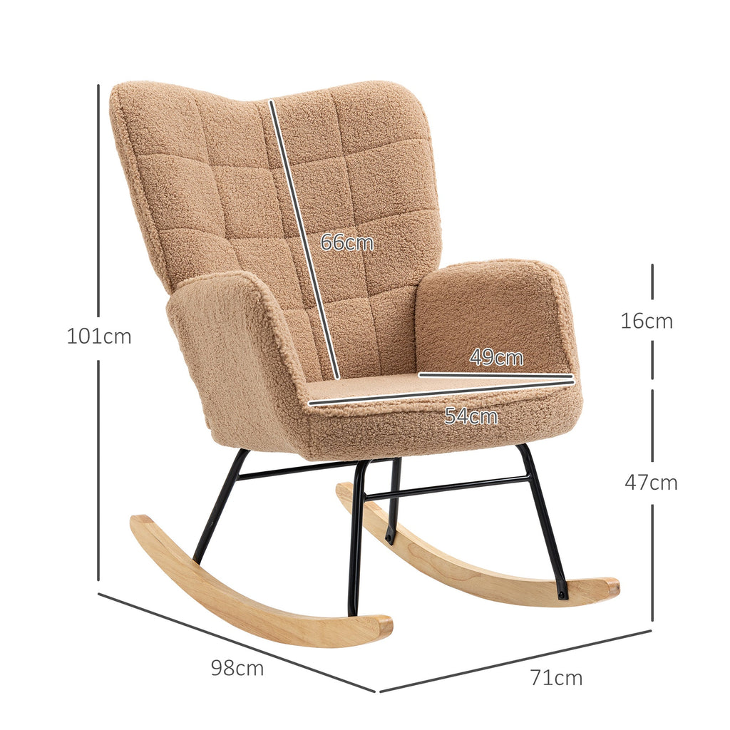 EasyComfort Poltrona a Dondolo Imbottita in Legno e Acciaio with Rivestimento Bouclé, 71x98x101 cm, Marrone