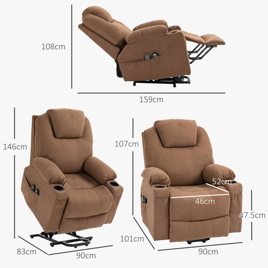 EasyComfort Poltrona Alzapersona Massaggiante a 8 Punti with Telecomando, in Tessuto Effetto Lino, 90x101x107 cm, Caffè