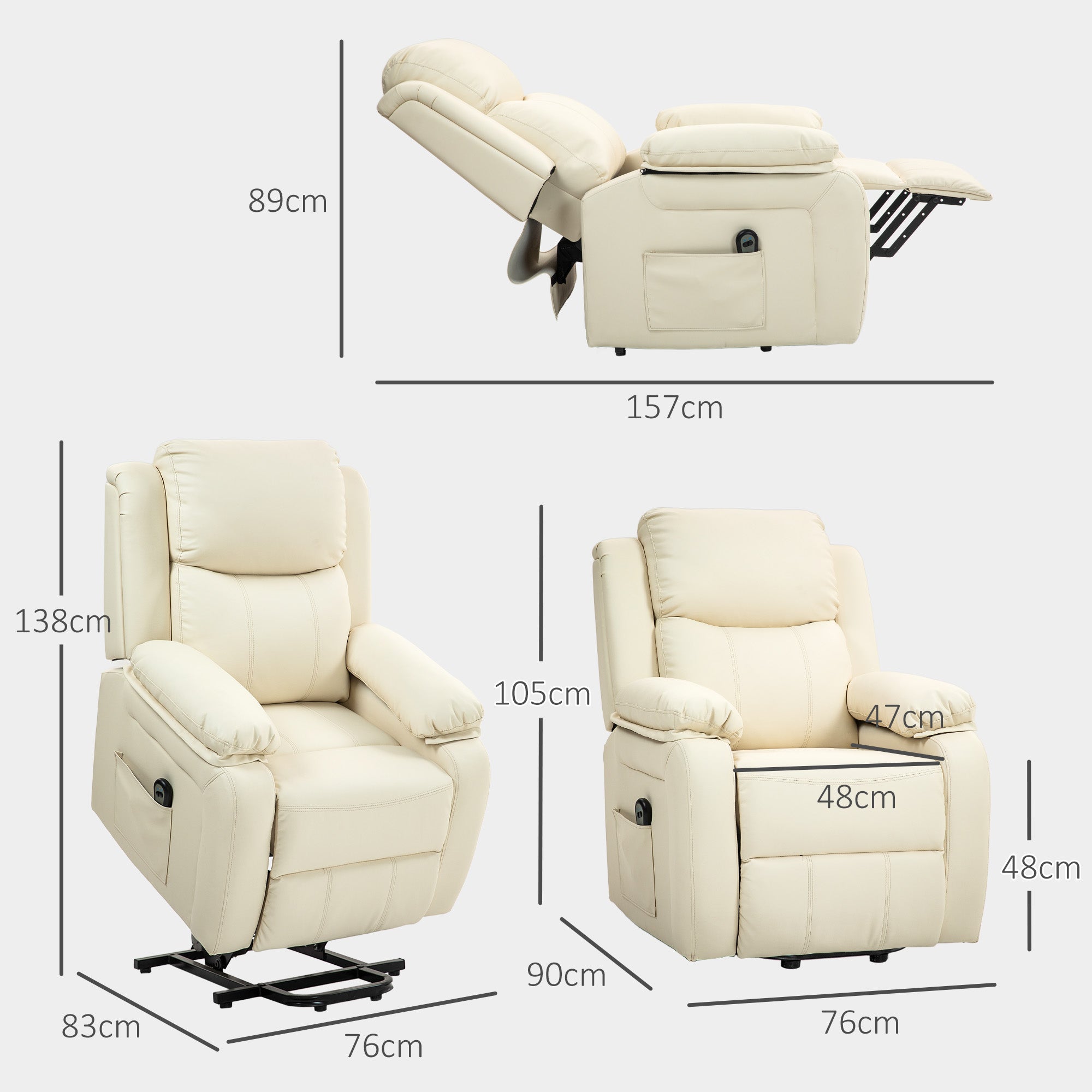 EasyComfort Poltrona Alzapersona Reclinabile a 160° with Poggiapiedi e Telecomando, in Pelle PU e Acciaio, 76x90x105 cm, Crema