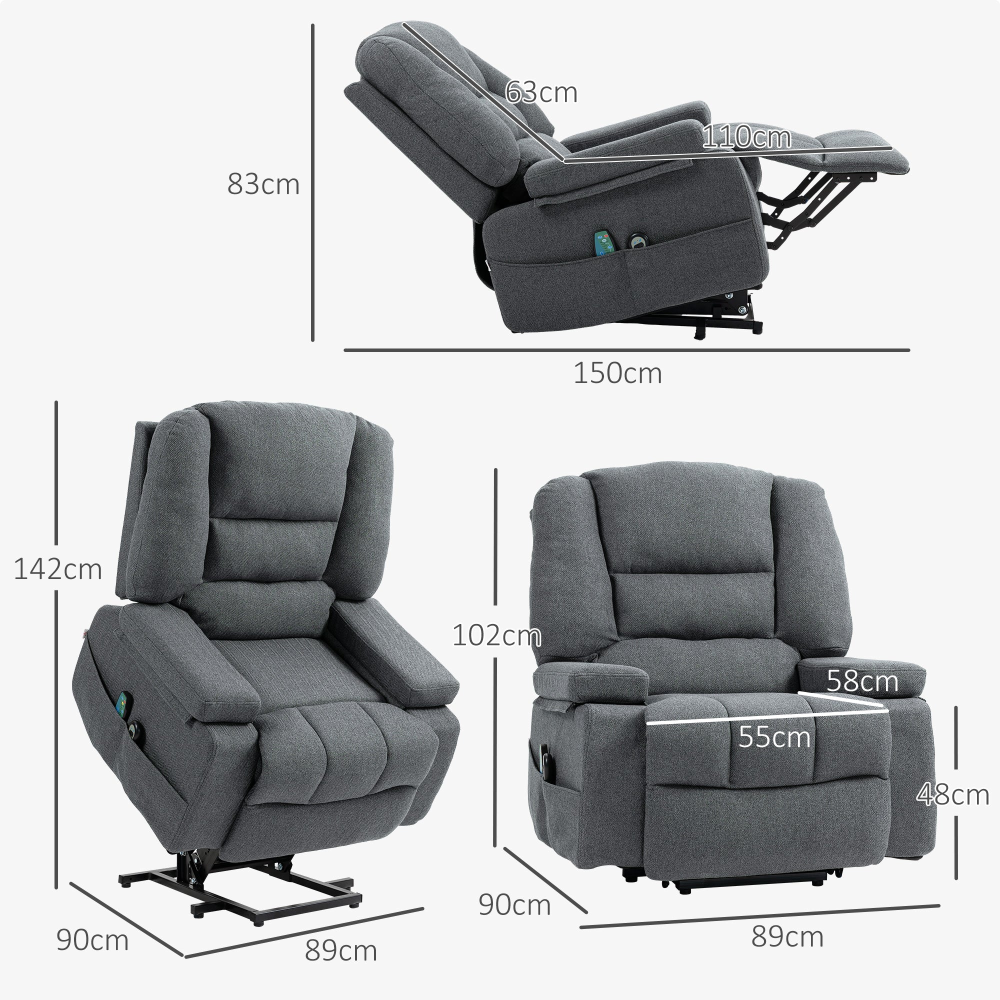 EasyComfort Poltrona Alzapersona Reclinabile with 8 Punti Massaggianti, in Tessuto Effetto Lino, 97x90x102 cm, Grigio