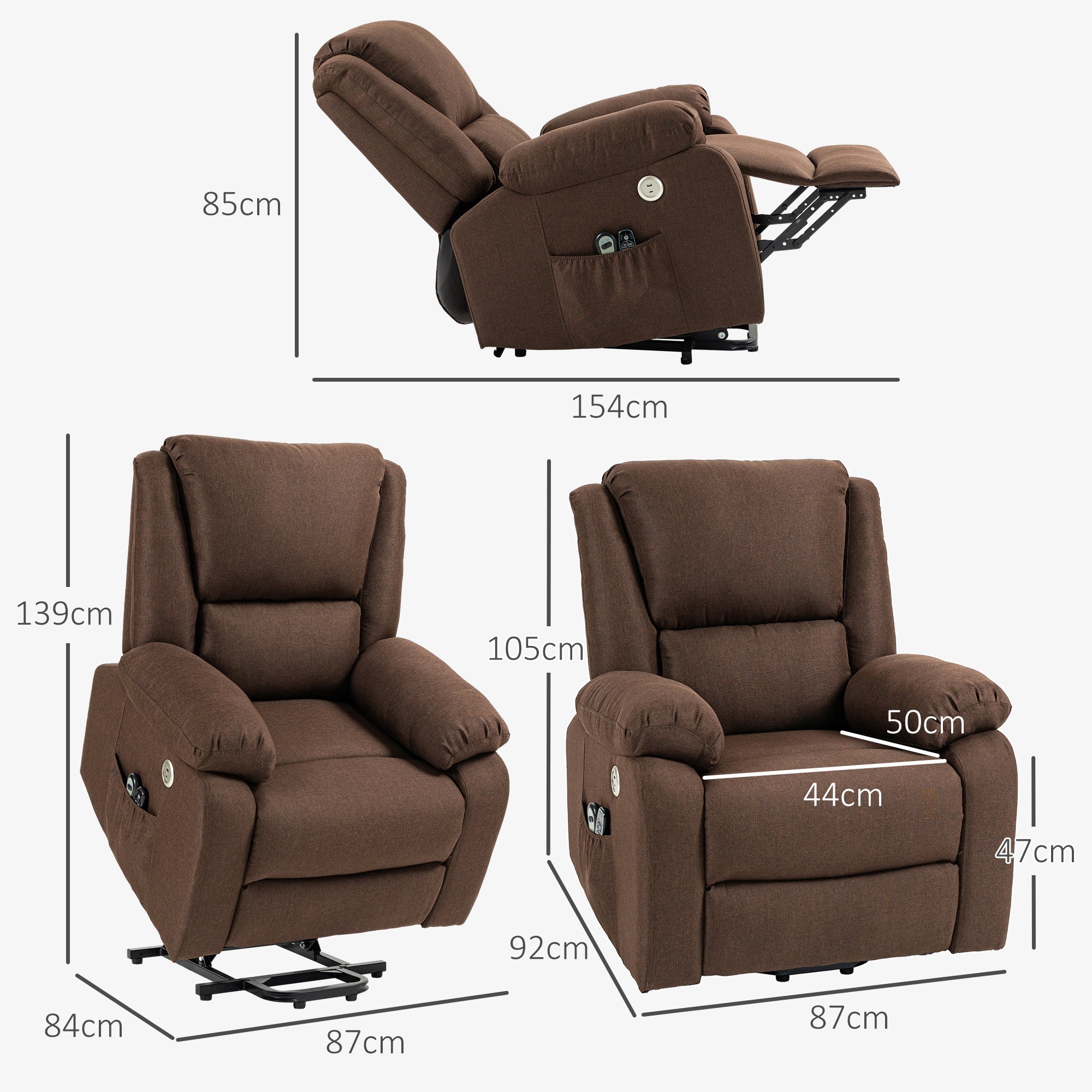 EasyComfort Poltrona Alzapersona Reclinabile with Poggiapiedi, in Tessuto Effetto Lino, 87x92x105 cm, Caffè