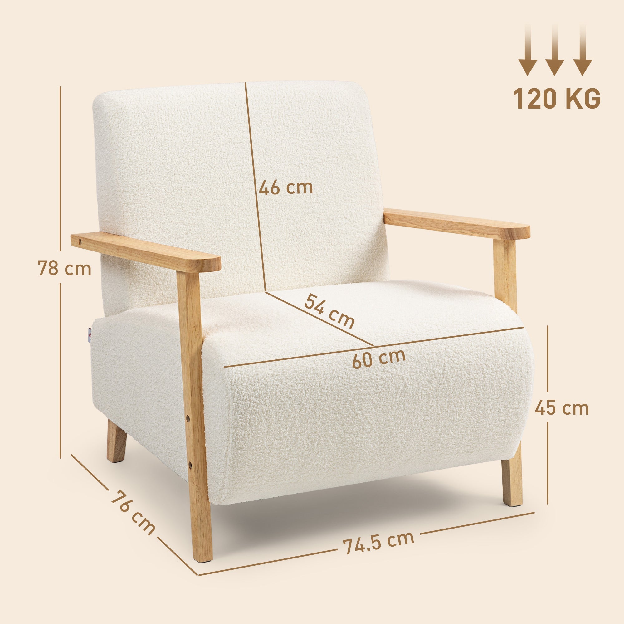 EasyComfort Poltrona da Salotto in Tessuto Sherpa with Braccioli e Gambe in Legno Stile Nordico, Crema
