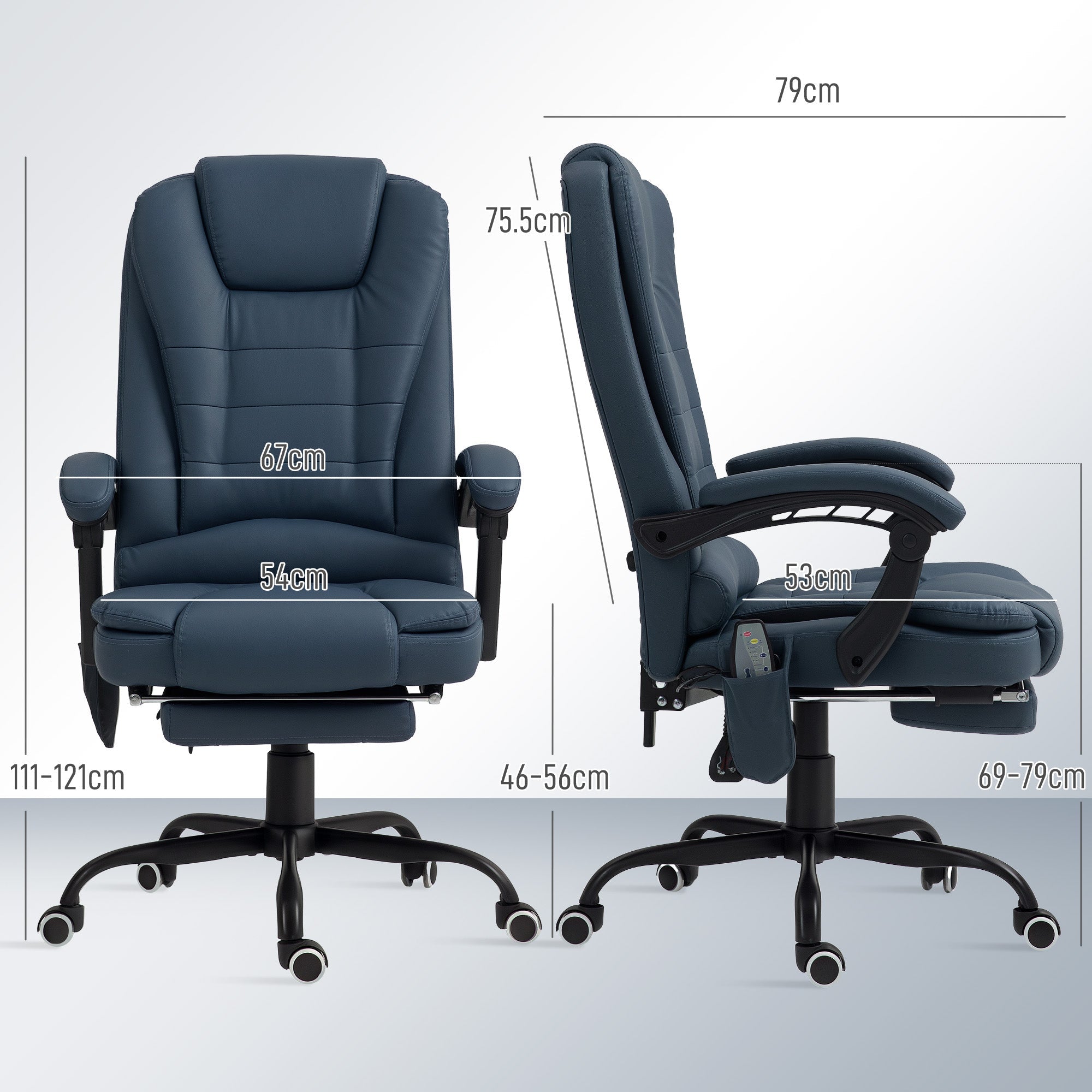 EasyComfort bureaustoel met 7 massagepunten en voetensteun, 67x67x111-121 cm, Blauw