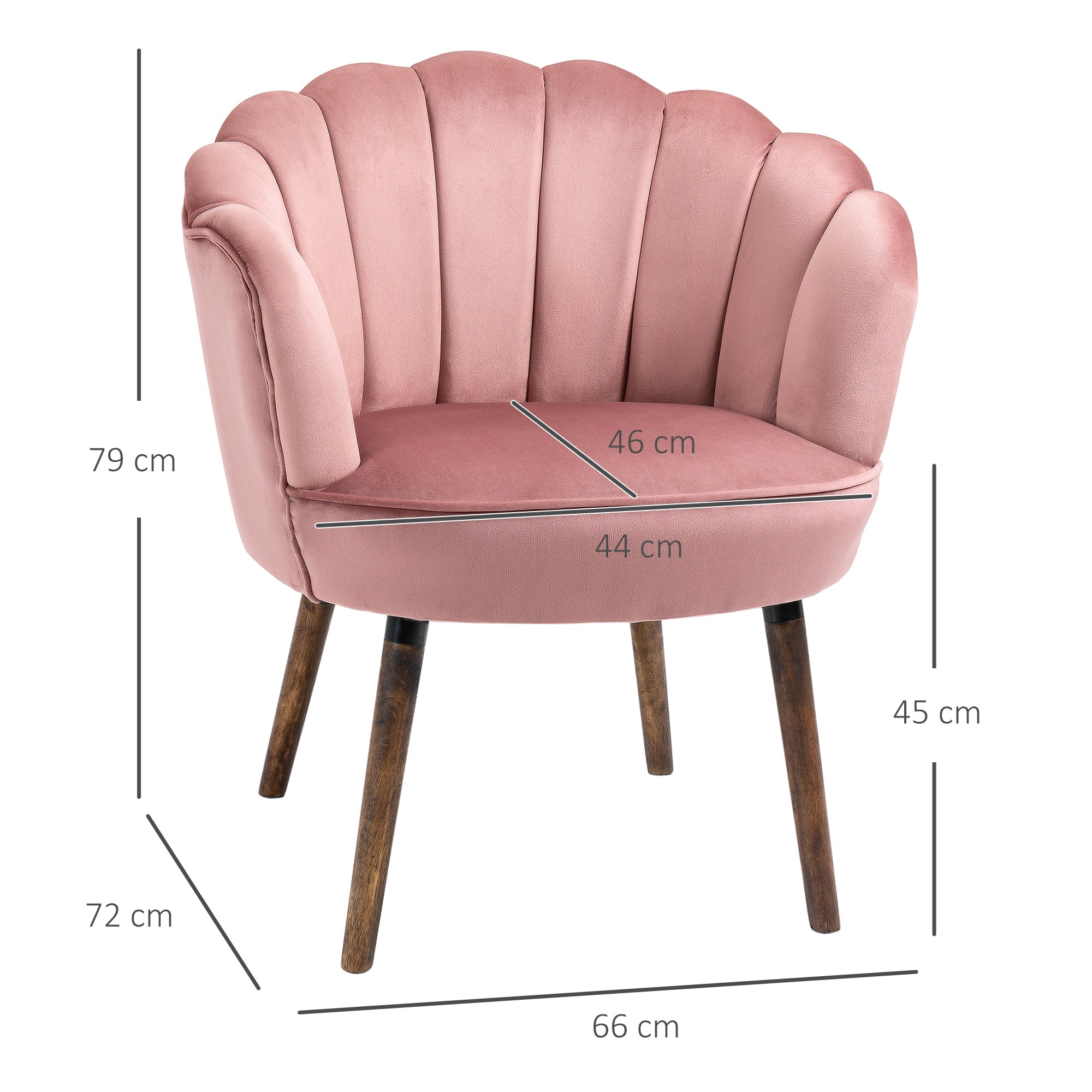 Easycomfort Poltrona Imbottita with Schienale a Conchiglia e Gambe in Legno, Poltrona in Velluto per Salotto e Camera, 66x66x78.5cm, Rosa