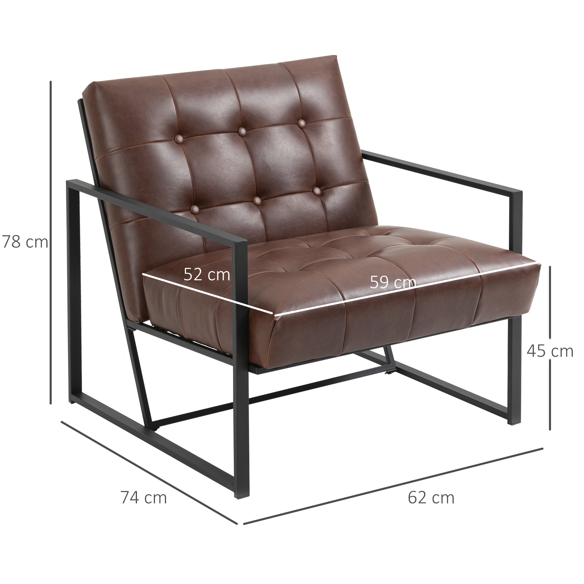 Easycomfort Poltrona Imbottita Stile Industriale Trapuntata a Bottoni, Arredamento Moderno Poltroncina da Ingresso in Metallo e PU, 75x81x78cm Marrone