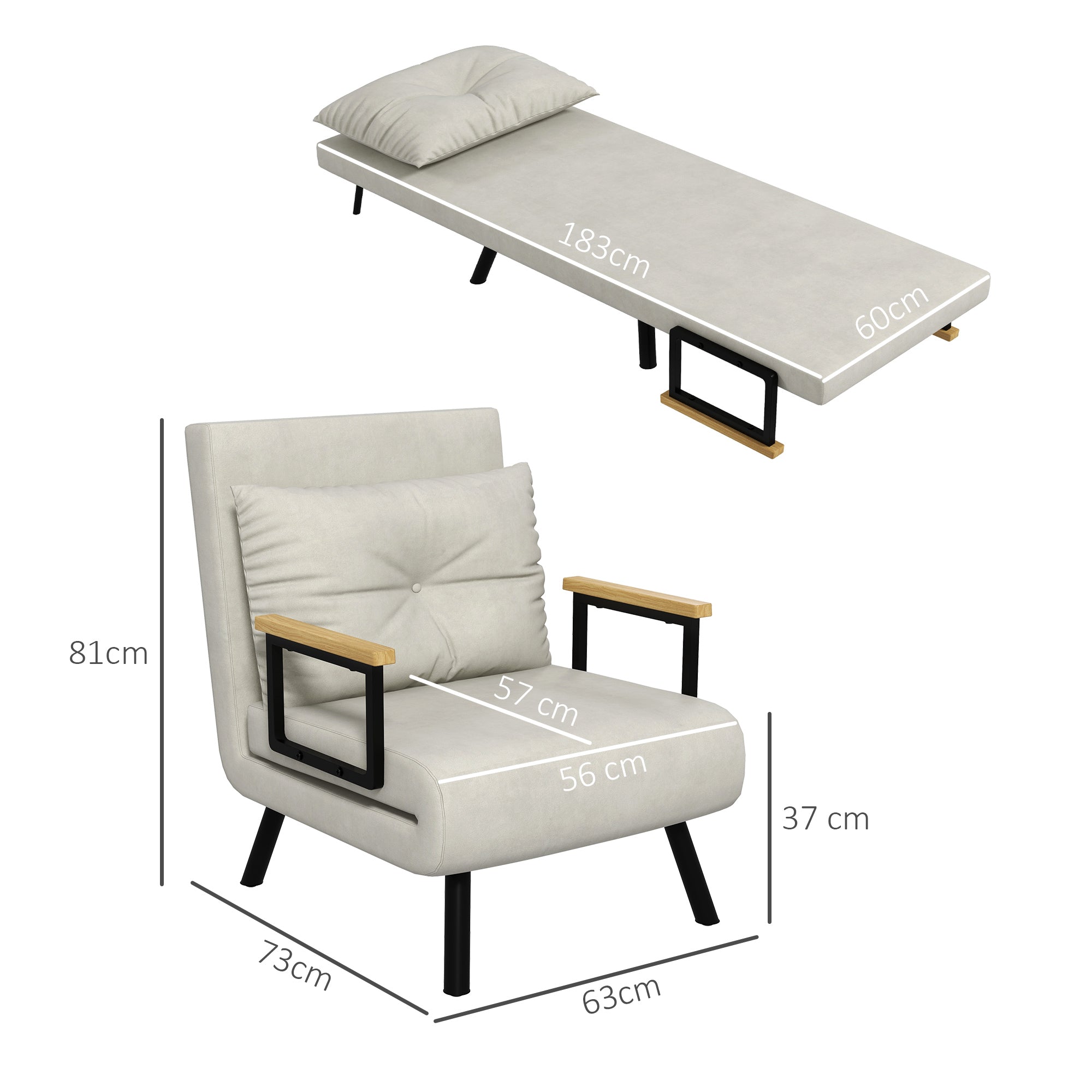 EasyComfort Poltrona Letto 3 in 1 with Schienale Reclinabile e Cuscino, in Tessuto Effetto Velluto, 63x73x81 cm, Crema