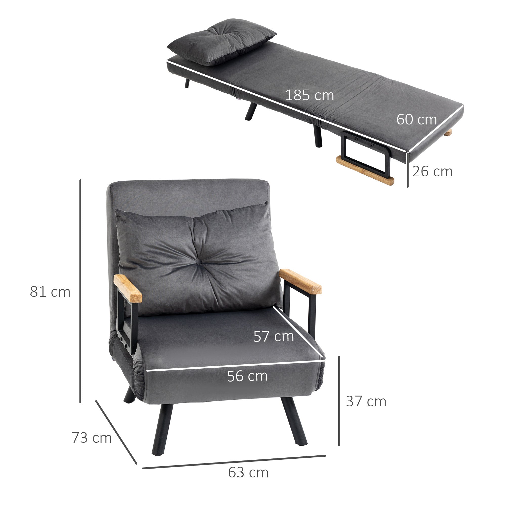 EasyComfort Poltrona Letto 3 in 1 with Schienale Reclinabile in 5 Posizioni e Cuscino, 63x73x81 cm, Grigio Scuro