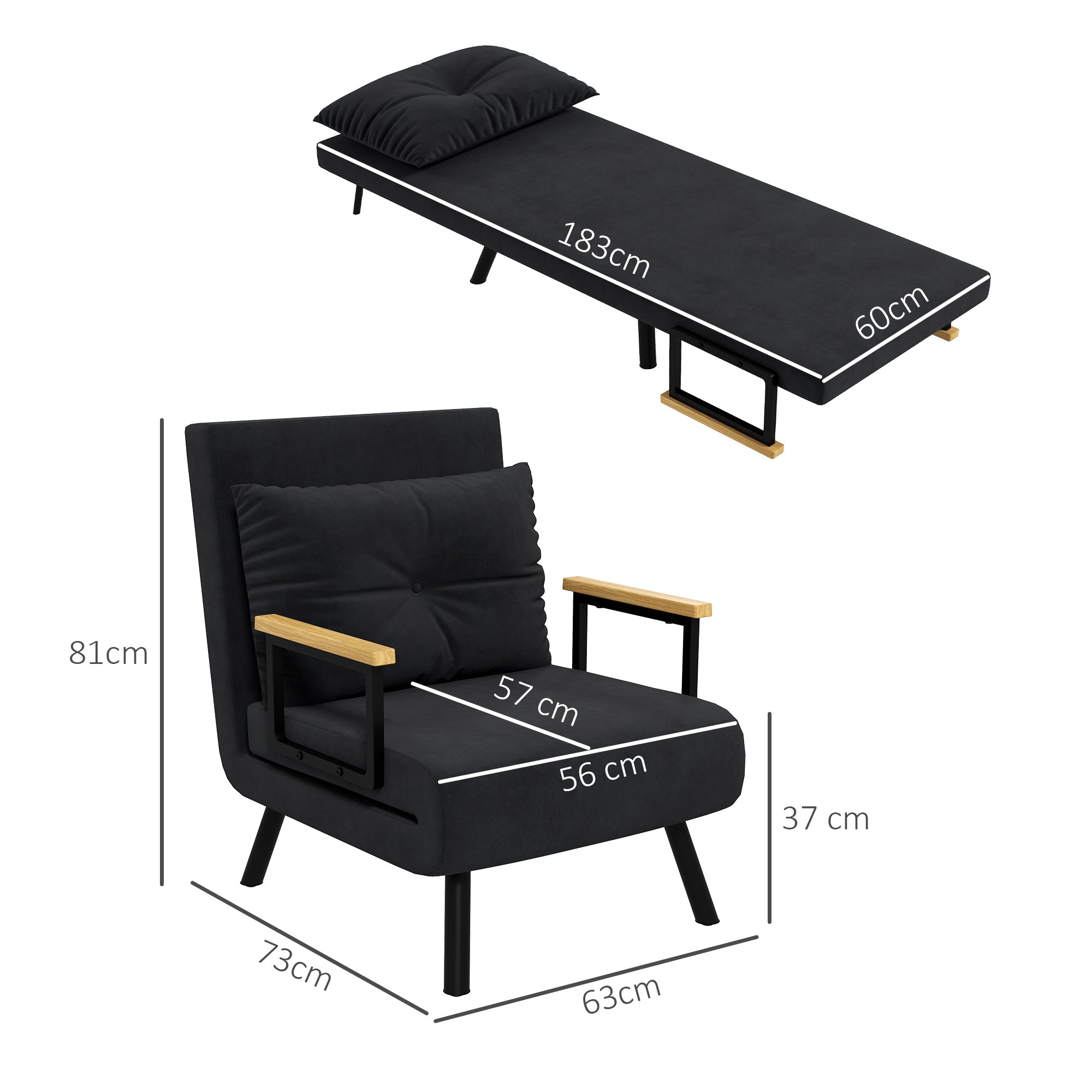 EasyComfort Poltrona Letto 3-in-1 slaapfauteuil, verstelbaar 5 posities, 63x73x81 cm, zwart