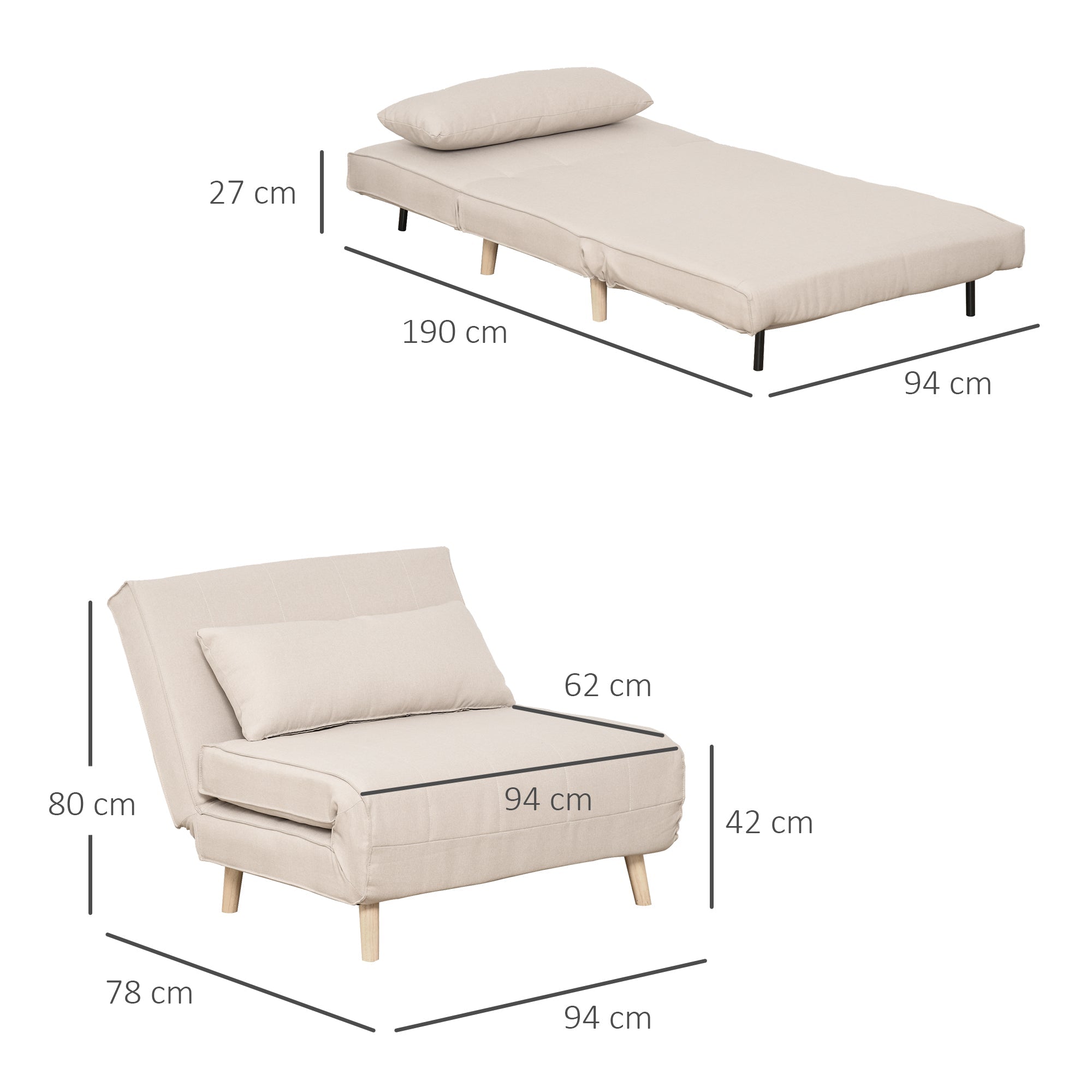 EasyComfort Poltrona Letto 3 in 1 with Schienale Reclinabile in 6 Posizioni, 94x78x80 cm, Beige