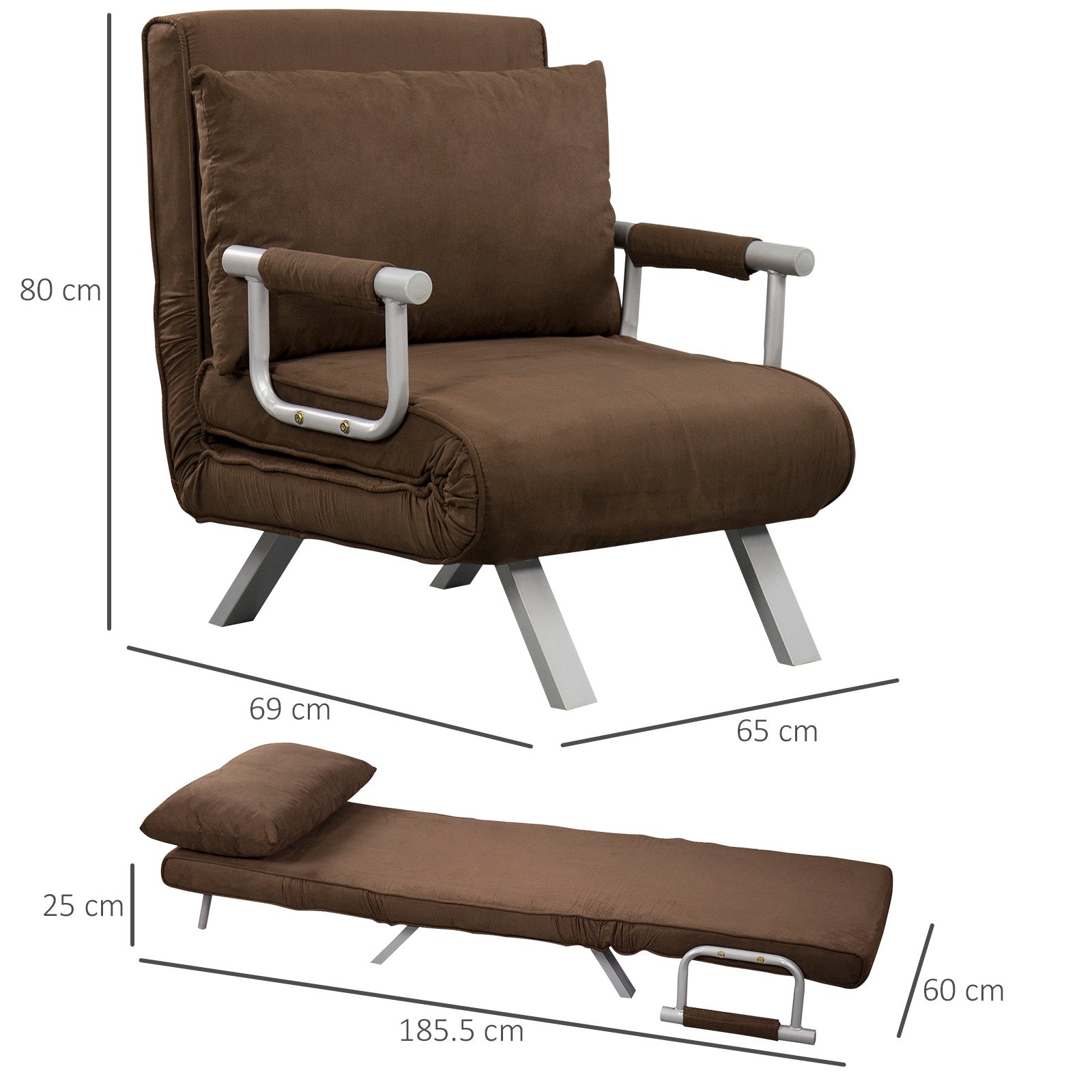 EasyComfort Poltrona Letto Moderna 2-in-1 fauteuilbed, 5-standen rugleuning, bruin, 65x69x80 cm