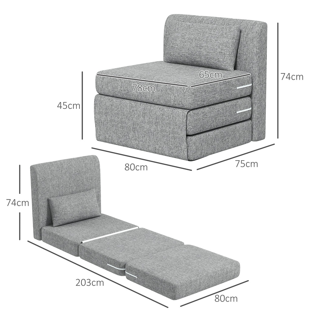 EasyComfort Poltrona Letto Pieghevole da Terra a 3 Sezioni Salvaspazio in Tessuto, 80x75x74 cm, Grigio
