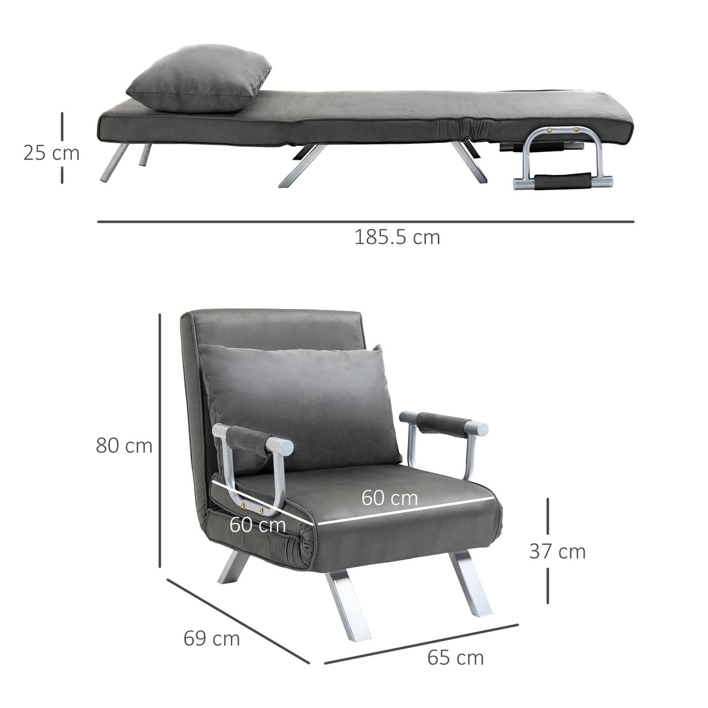 Easycomfort Poltrona Letto Singolo 3 in 1 with Schienale Reclinabile su 5 Livelli e Cuscino, Divano Letto Singolo Pieghevole per Soggiorno e Salotto in Pelle Scamosciata e Metallo, 65x69x80 cm, Grigio